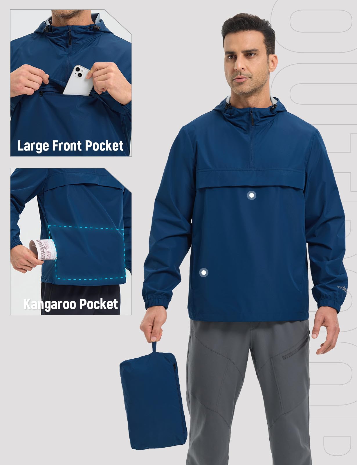baleaf Chubasquero para hombre, cortavientos, impermeable, chaqueta de ciclismo con capucha, plegable, ligera, cortavientos, transpirable, para senderismo, ciclismo