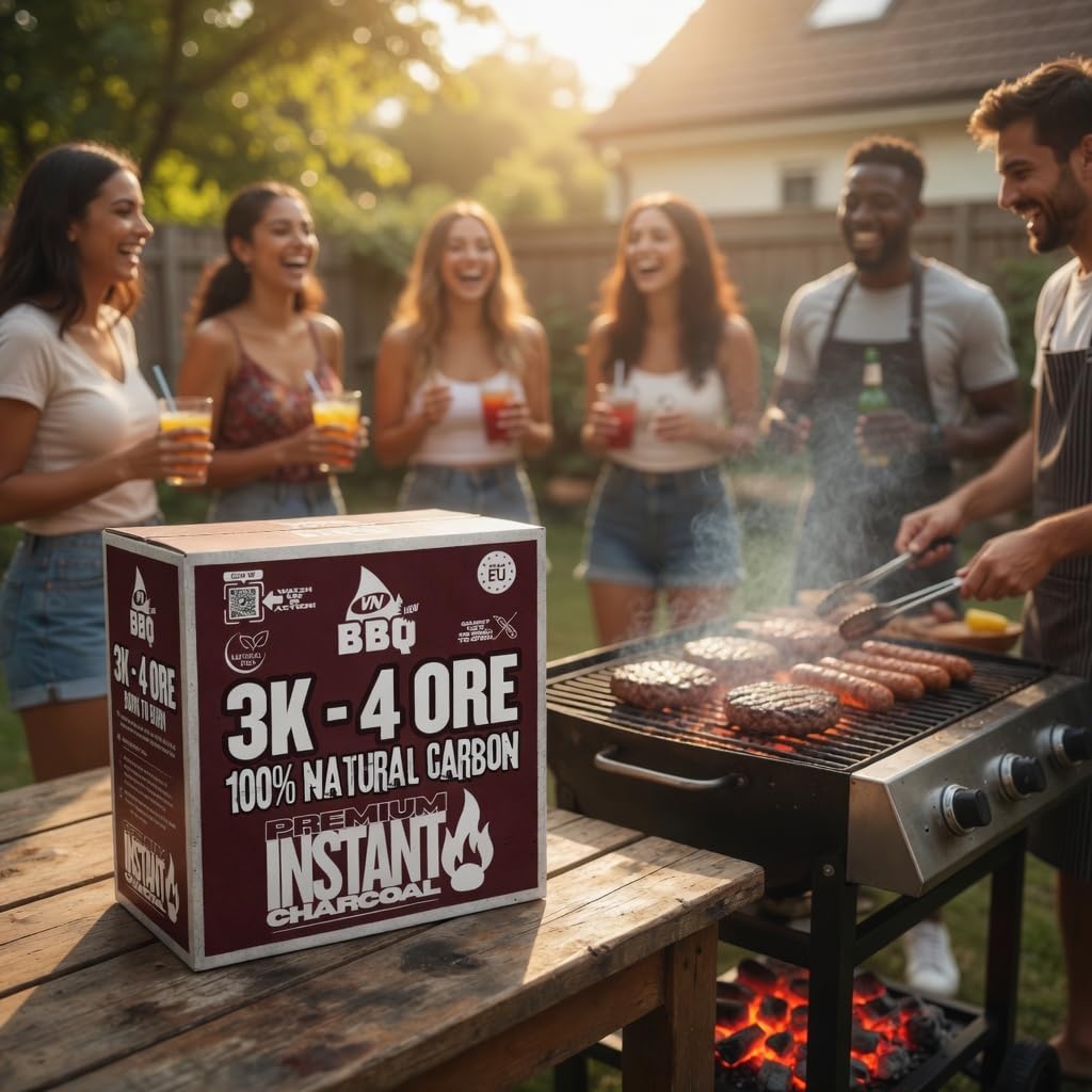 Carbone per BBQ e Grill 3kg | Bricchette Carbonella Senza Fumo Senza Odore | Accensione 10–15 min | Brace Uniforme 4 Ore | 100% Naturale Vegetale | Qualità Ristorazione