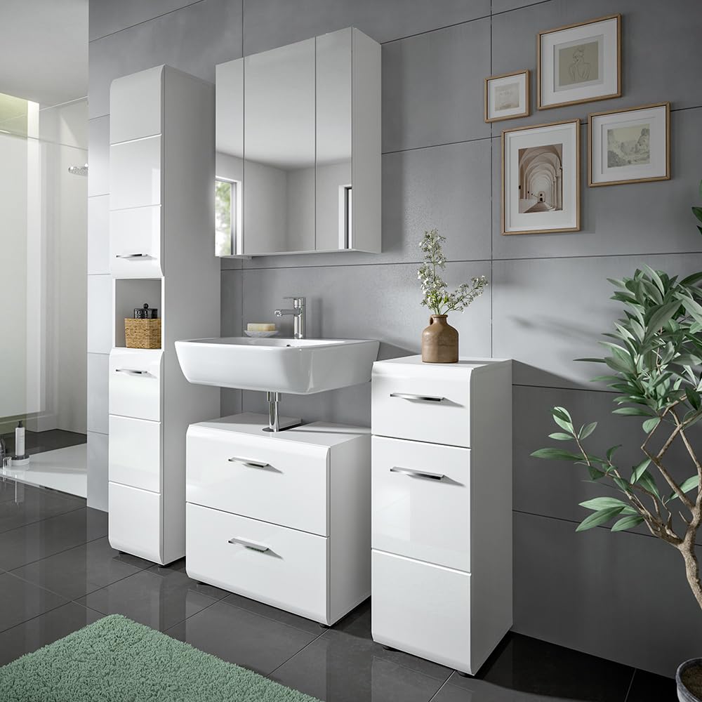 Lomadox Badezimmer Badmöbel-Set 4-teilig in weiß mit weiß Hochglanz, mit 1 Hochschrank, 1 Unterschrank, 1 Spiegelschrank mit 3D-Funktion & 1 Waschbeckenschrank