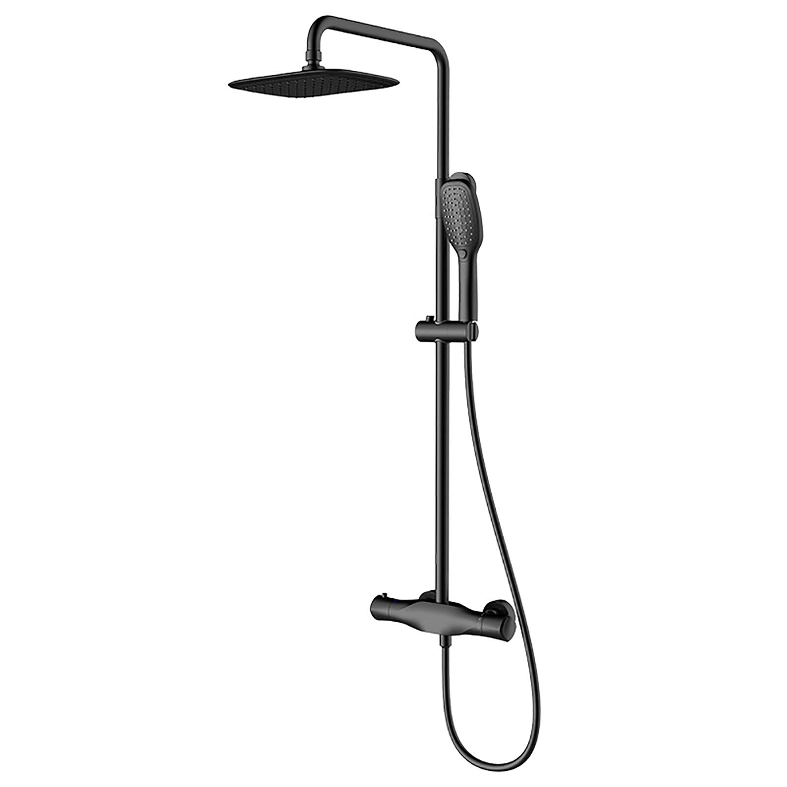 Sistema Doccia a Pioggia, Set Rubinetto termostatico Nero, Miscelatore Combinato in Ottone a Parete con Testa Rettangolare, doccetta a 2 modalità, Waterf