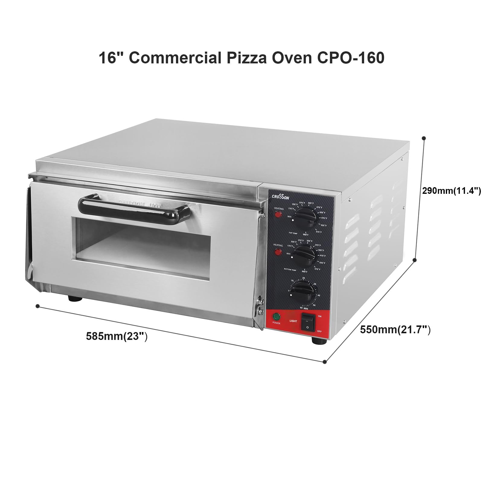 CROSSON 16" Professional Pizzaofen 4000W,Pizzabackofen Elektrisch Edelstahl mit 30-Minuten-Timer 350℃,Gastronorm Bain Marie mit 150mm hohen 1/1 GN-Wanne