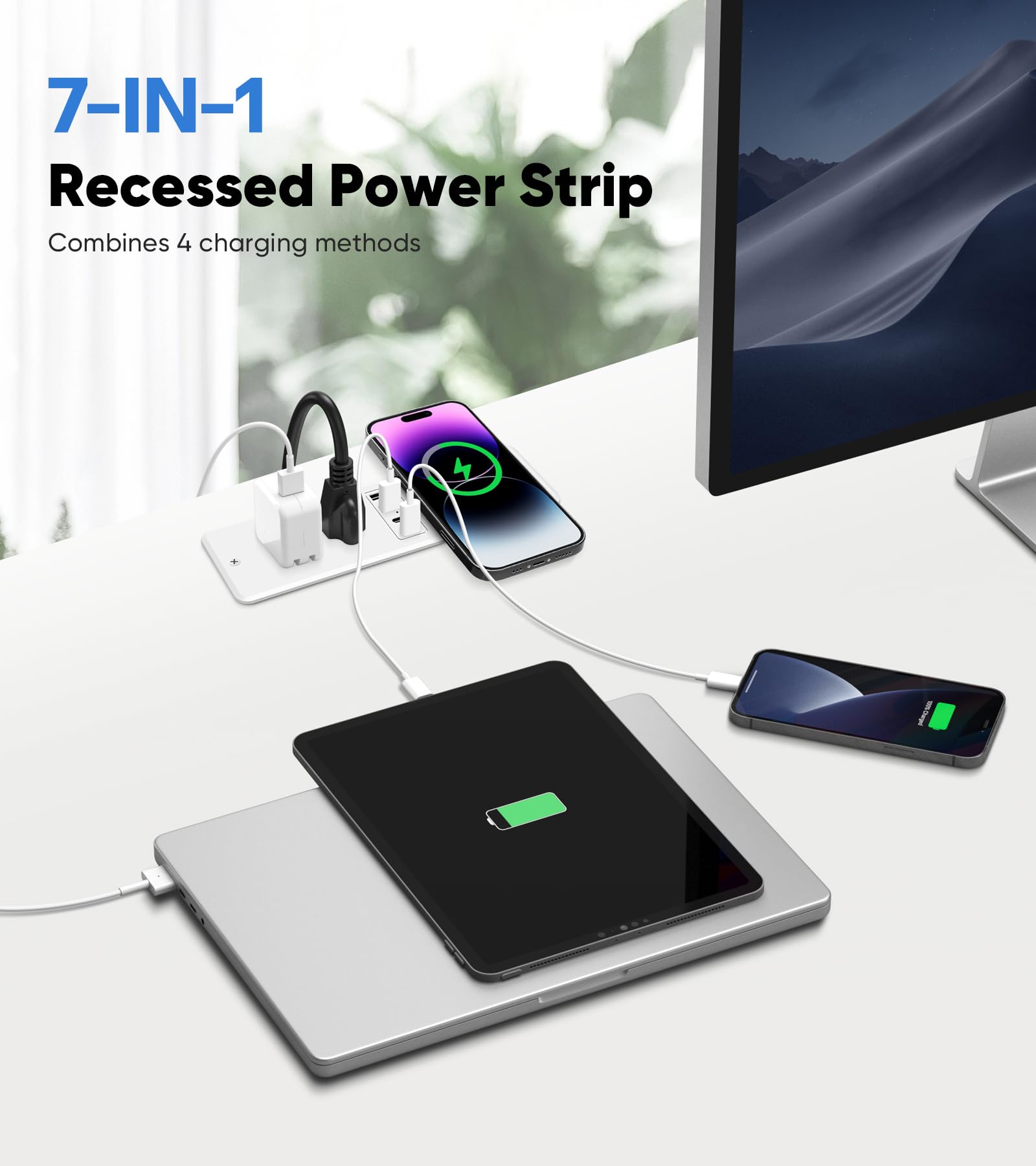 20W Recessed Power Strip with 15W Wireless Charger, Furniture Flush Mount Power Strip with 4 USB Ports (2 USB-C), Recessed Outlet for Home, Office(6FT Cable)