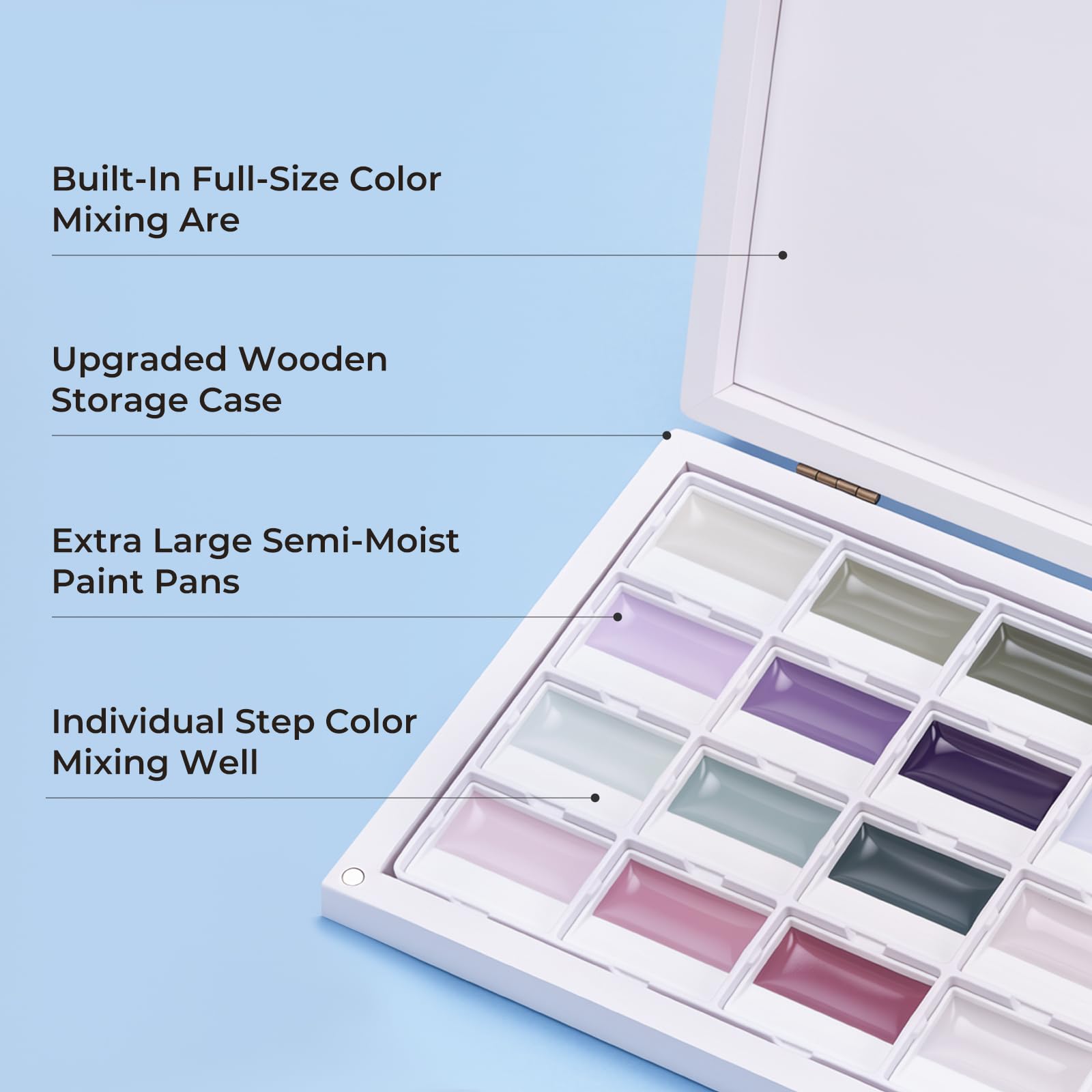 LIGHTWISH Aquarellfarben, 24 Farben, in Holzbox mit Mischpalette, Undurchsichtig, Professionelles Aquarell Set, starke Deckkraft, intensive matte Farben, perfekt zum Malen für Anfänger und Profis