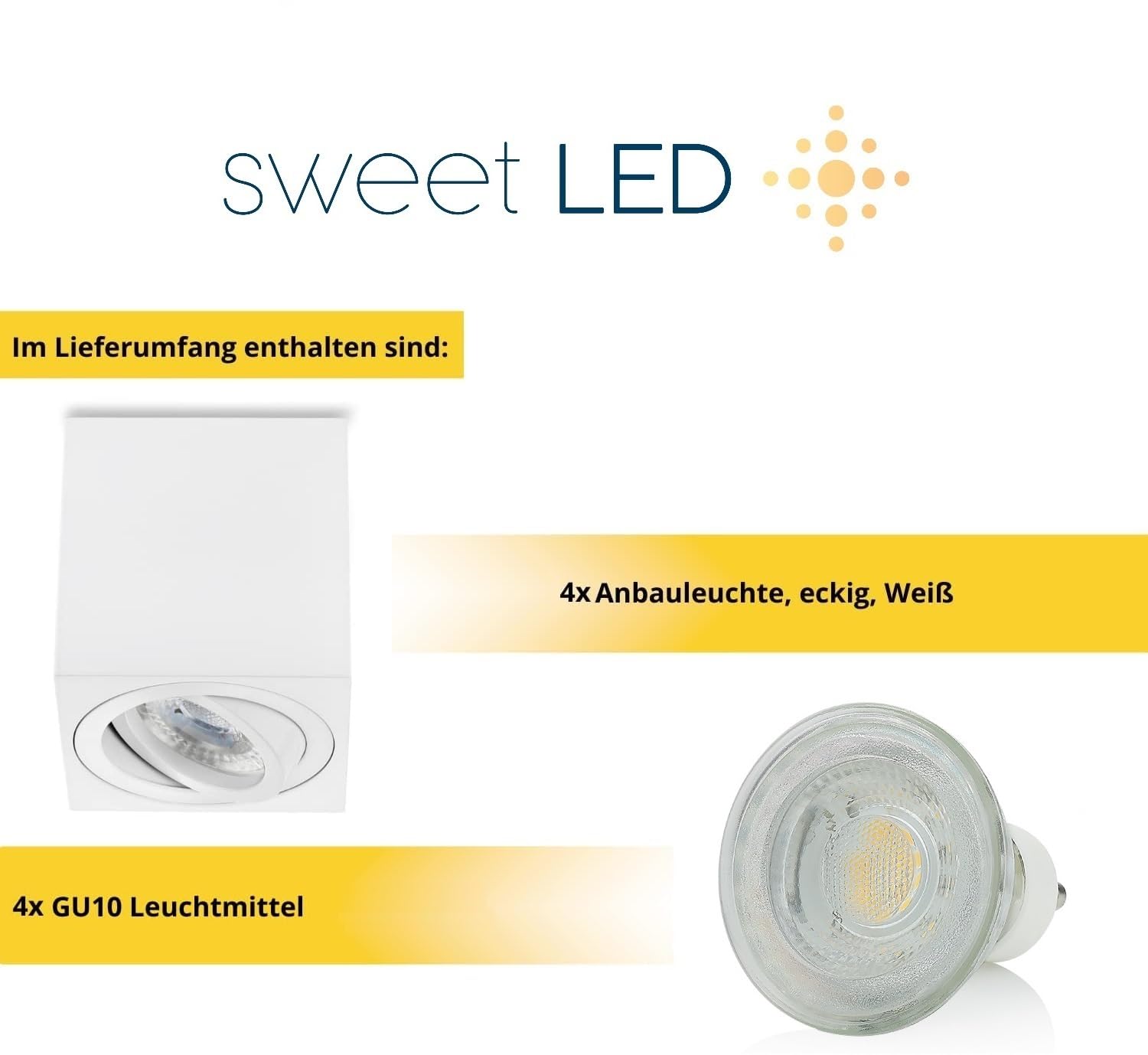 Sweet Led Aufbaustrahler aus Aluminium - 4x Deckenspots 7W 3000K warmweiß - LED Aufbauspot weiß matt Eckig - Aufbauspot GU10 80x80x84 mm - Aufputz 230V schwenkbar