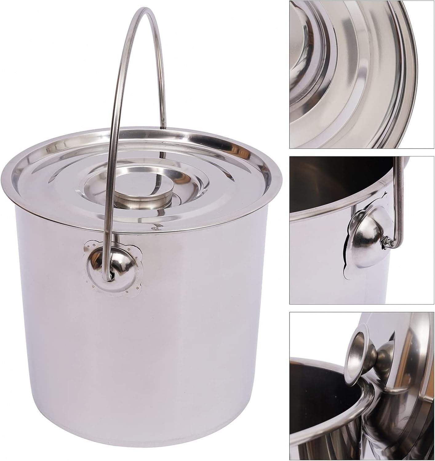 Cubo de Acero Inoxidable 12 litros, Cubo Metalico con Tapa para Fuego Garaje Derrames, Diametro 26cm, Tareas de Limpieza o Transporte, Cubo Cocina Aliment
