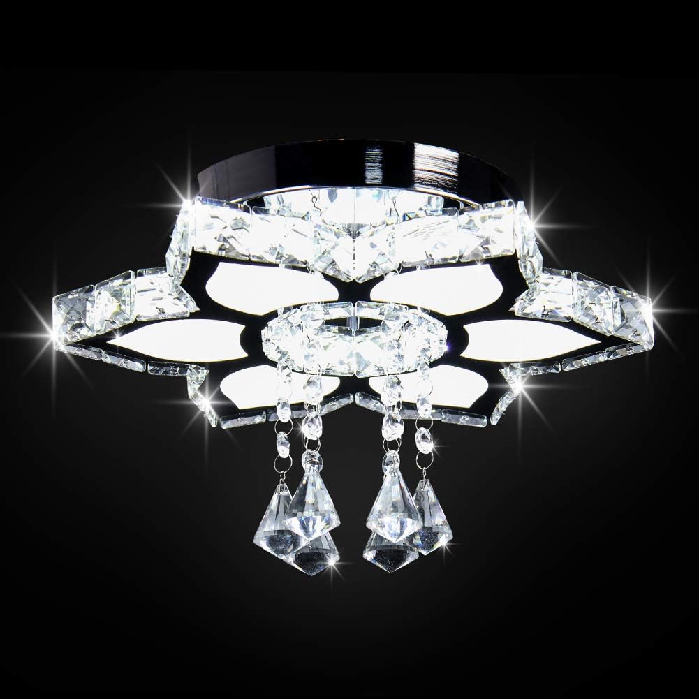 Modern Flower Crystal Chandelier Ceiling Light Stainless Steel Base K9 Crystal Flush Mount Penedant Hanging Light Fixture for Living Dining Room Kitchen, Cool White 13.4"