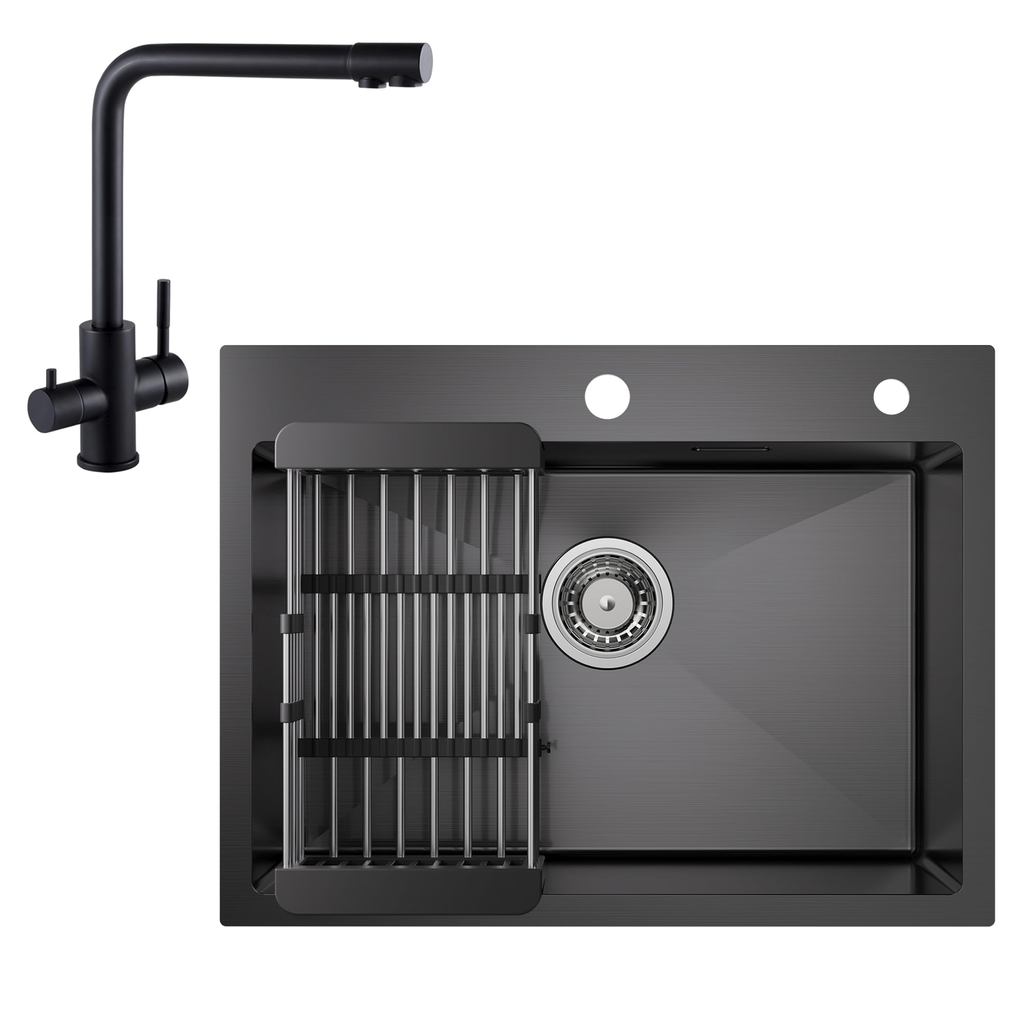 CECIPA Spülbecken Schwarz Anthrazit 60 * 45CM + 3 Wege Wasserhahn Küche, Spüle Küche mit Abtropfgestell und Siphon, Küchenspüle 1 Becken Eckig, Einbauspüle mit 2 HahnLöcher