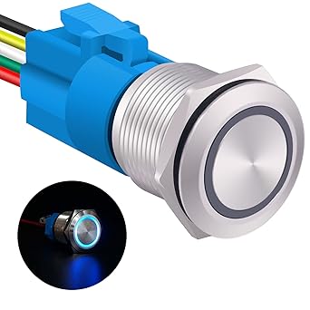 19mm Latching Push Button Switch Metal 12V Blue Ring LED 5 Pin SPDT ON/Off Button Switch with Wire Socket Plug for 19mm 3/4