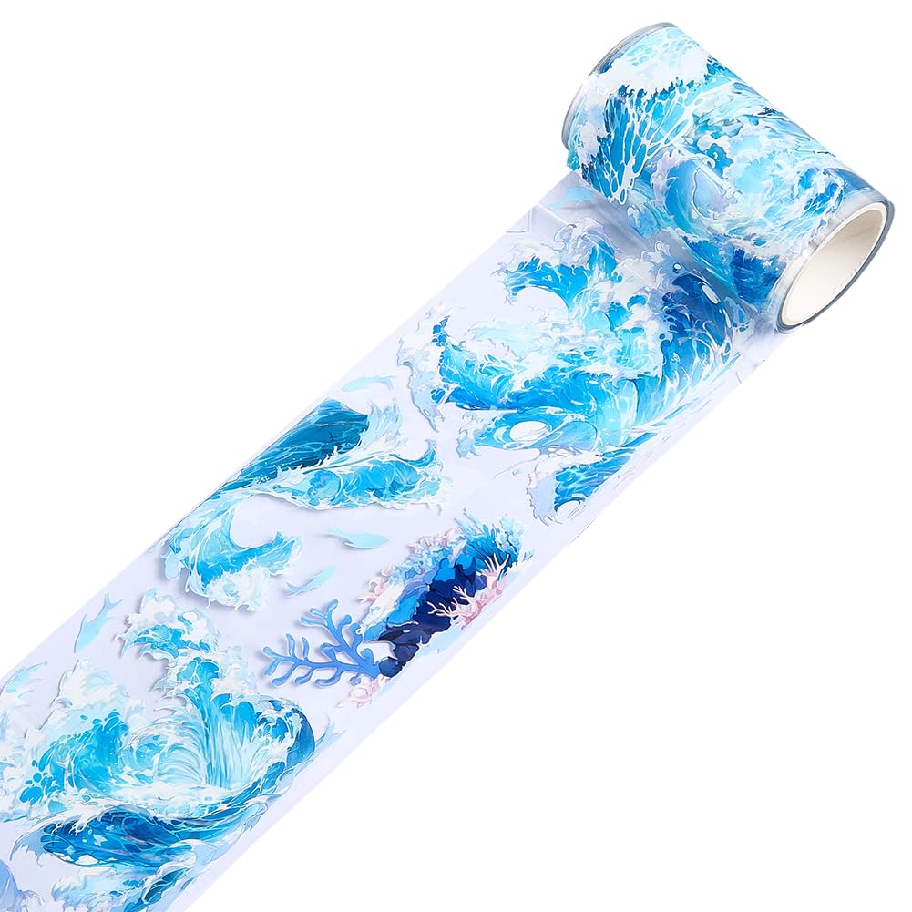 CRASPIRE 2.19Ydsx2.75In Wave PET Tape Stickers Washi Clear Ocean Blue DIY Handbook Crafts Self-Adhesive Waterproof Journaling Scrapbook Collage Gift Wraping for Home Decor Diary Art Planner Supplies