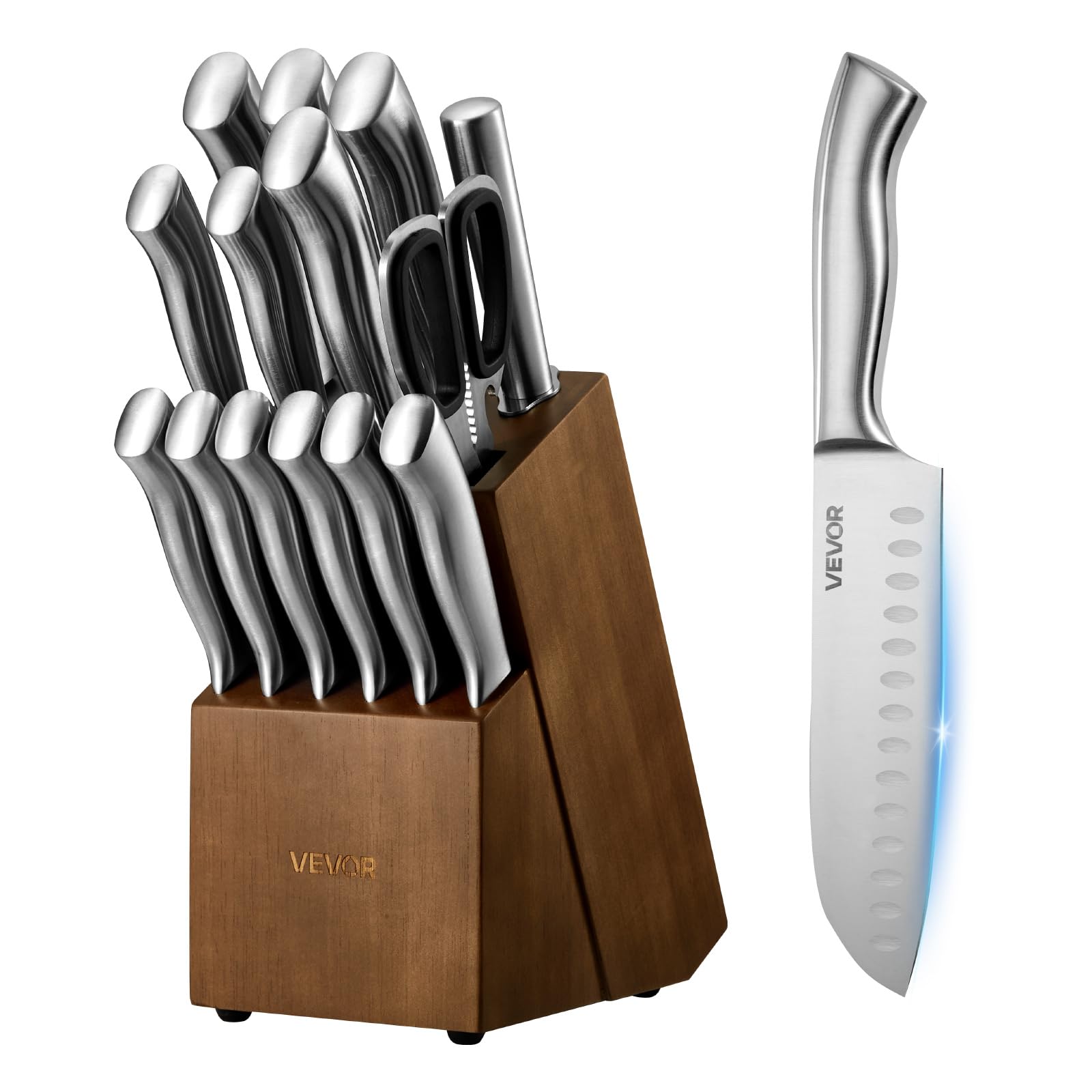 VEVOR Ensemble Couteaux de Cuisine avec Bloc, 15 Pièces, Manche et Lame en Acier Inoxydable à Haute Teneur, Bloc en Bois à Couteaux et Ciseaux de Cuisine Tranchants avec Fusil à Aiguiser