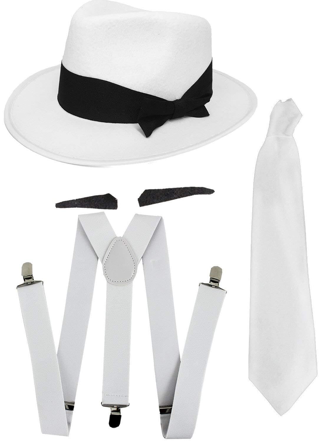 GANGSTER FANCY DRESS ACCESSORY SET SPIV TASH + WHITE TIE + MATCHING BRACES + WHITE TRILBY HAT 1920'S MOB GANGSTER MEN AL CAPONE (WHITE ACCESSORIES - 60 CM HAT)