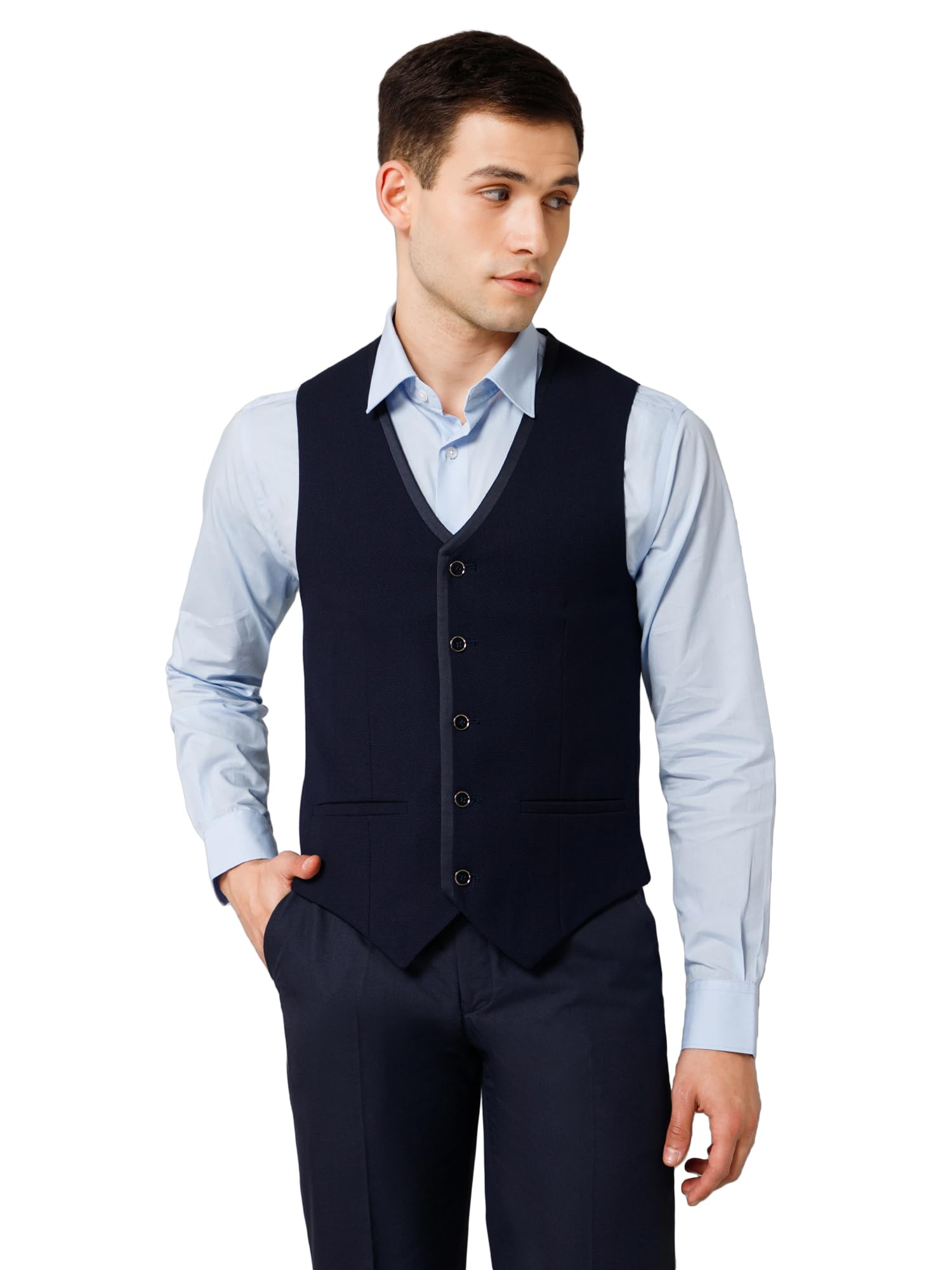 cantabil Men Navy Blue Self Design V-Neck Waistcoat-picture-46