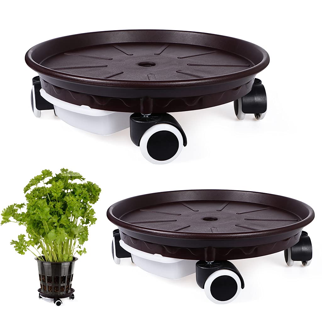 Skelang Lot de 2 caddies pour plantes de 34 cm, palette avec tiroir à eau, roulettes pour déplacer des pots de fleurs, jardinières, plantes en pot, capacité de charge 81,6 kg (marron)