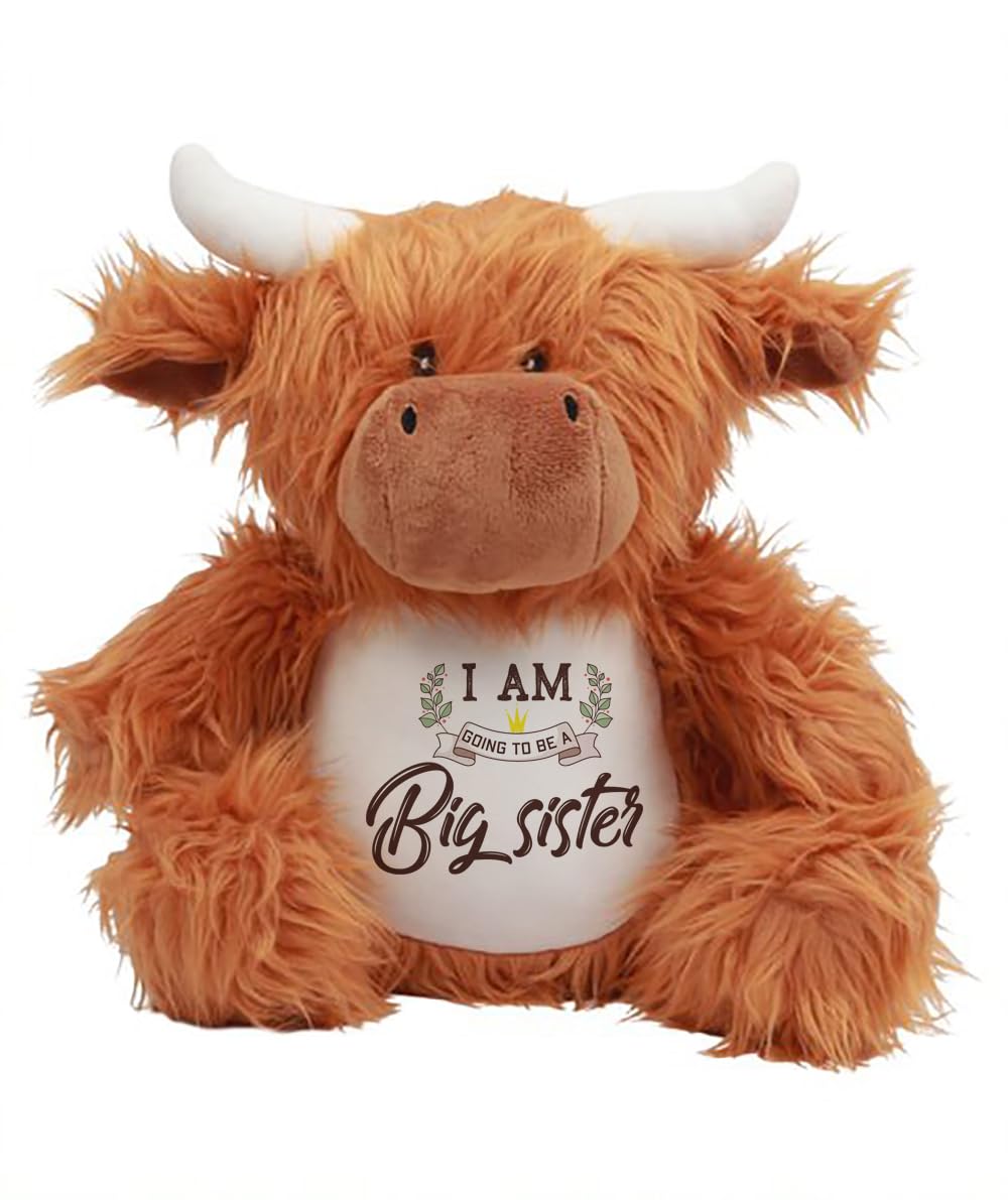 Big Sister Teddy Bear Gift – “I Am Going To Be A Big Sister” Printed Soft Toy | Cute Pregnancy Announcement Gift for Kids Girl | Baby Reveal Plush Toy | Soft Toys Teddy. (Highland Cow)