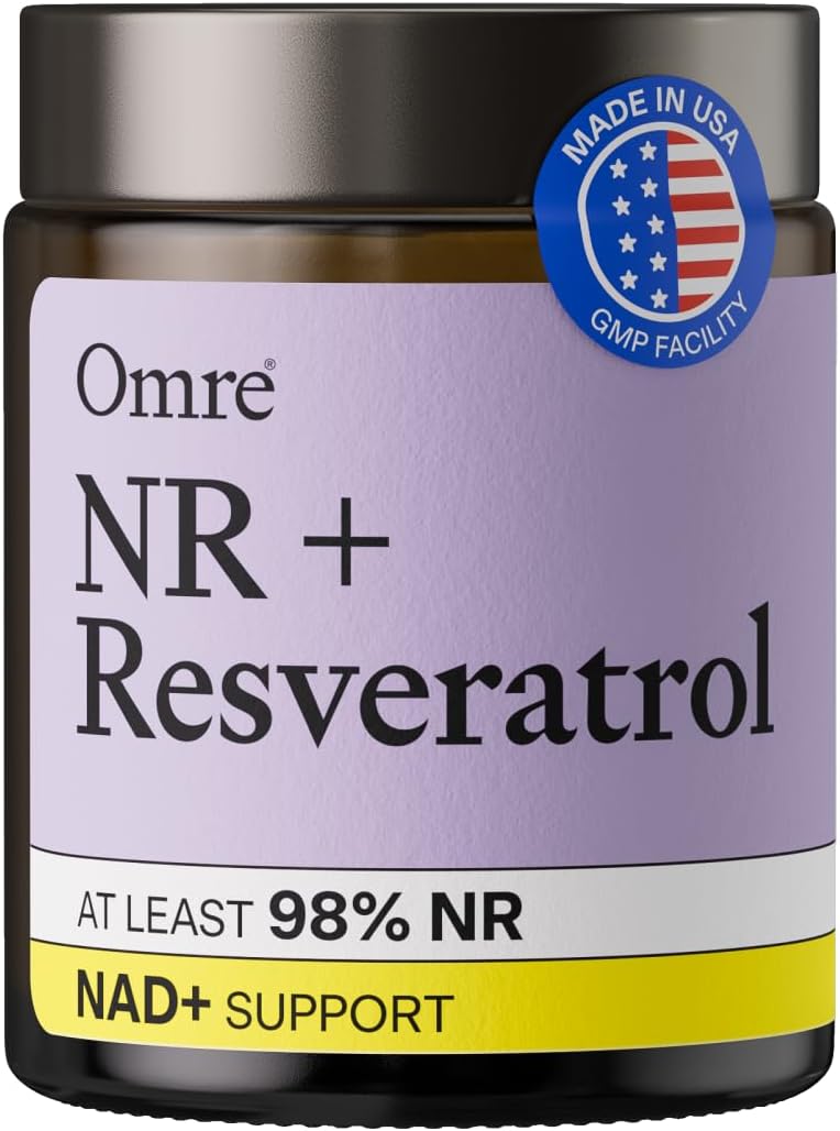 OMRE Nicotinamide Riboside + Resveratrol NAD Supplement Supports Aging, Energy & Cell Regeneration, 98% Pure 500mg NR & 500mg Micronized Resveratrol, 60 Capsules