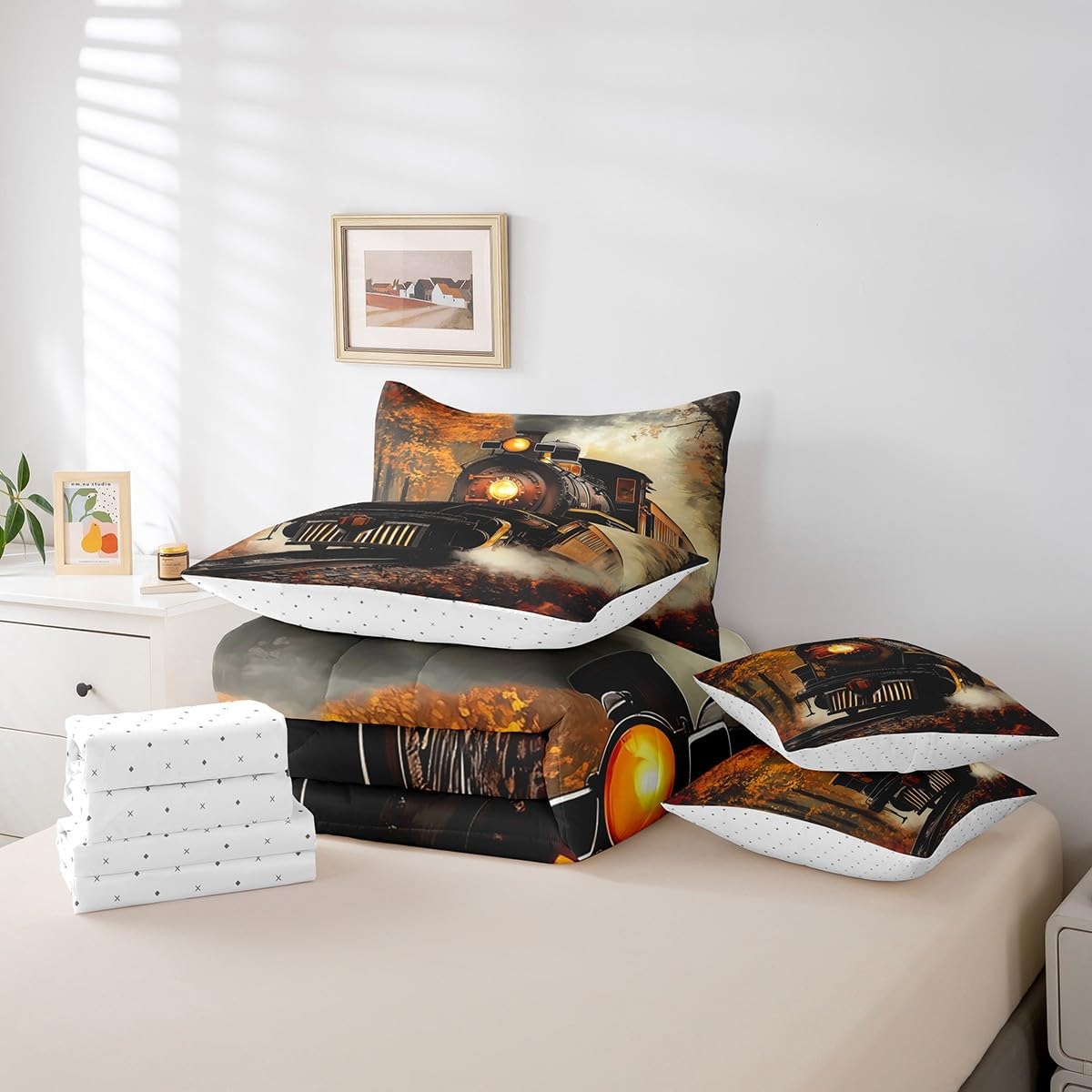 Erosebridal Train Bedding Set Retro Steam Engine Queen Comforter Set 7 Piece Railway Track Transport Bed in A Bag with Sheets for Kids Boys Teen Men,Autumn Fallen Leaves Bed Set