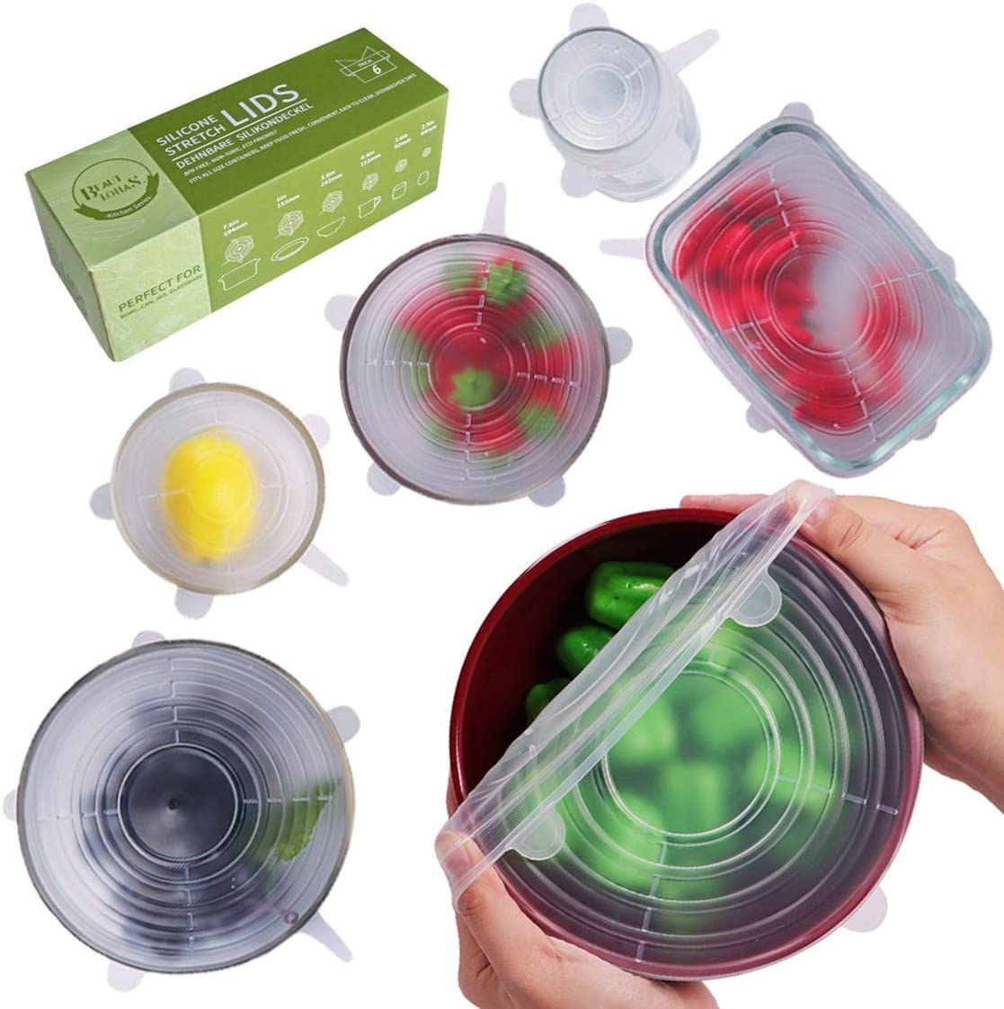 BEAUTLOHAS. Dehnbare Silikondeckel, 6er Pack Silikondeckel Dehnbar & Wiederverwendbar in Verschiedenen Größen Frischhalte-Deckel Stretch Lid für Schüsseln, Becher, Dosen, Obst (Transparent)