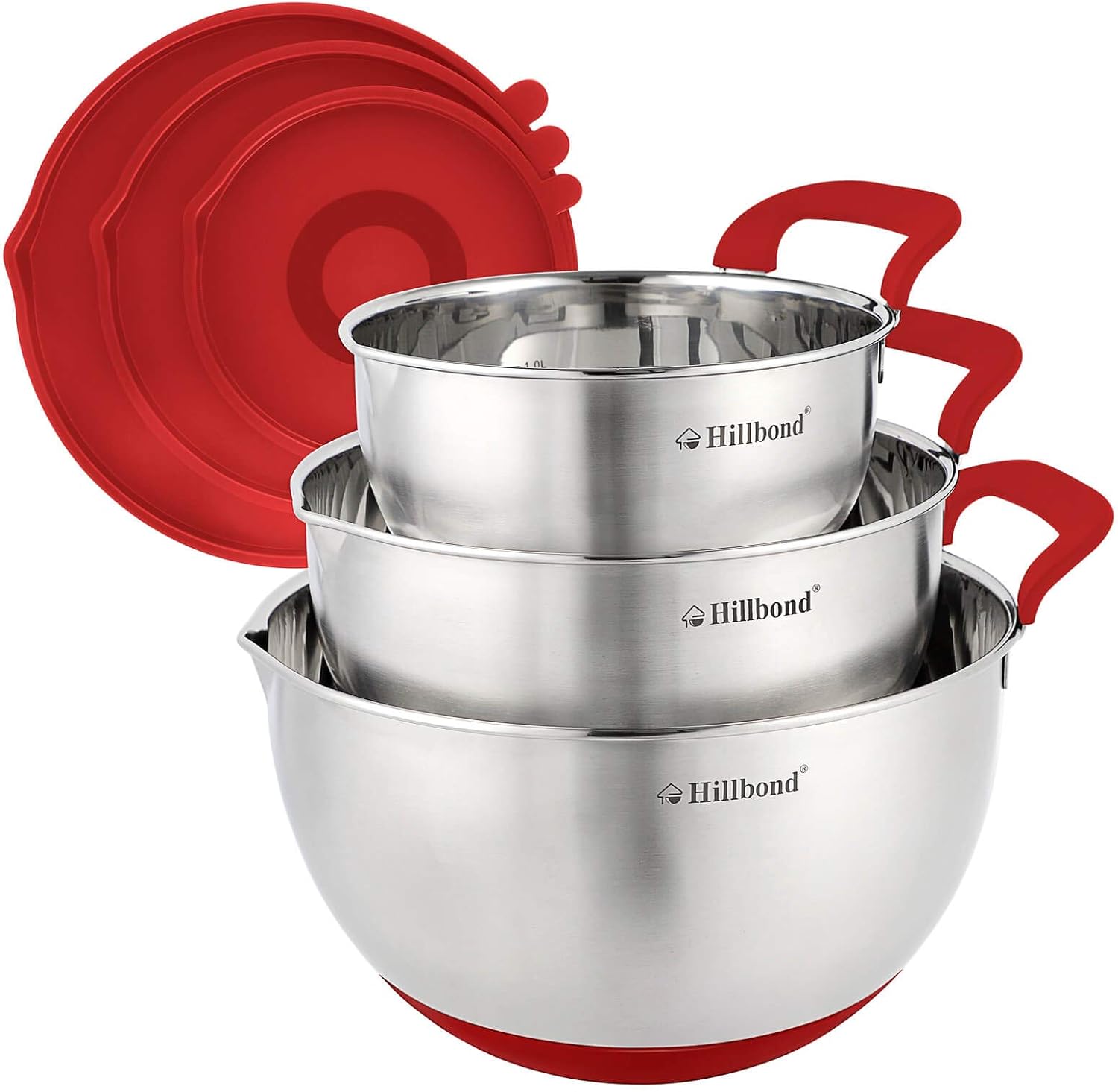Hillbond Mixing Bowls with BPA Free Airtight Lids Nesting Bowls with Pour Spout, Silicone Handle and Non-Slip Bottoms for Baking, Stainless Steel Mixing Bowls Dishwasher Safe, 1.5, 3, 5 QT (Red)
