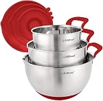 Hillbond Mélanger les bols avec BPA Bouteilles de nichoirs étanches à l'air avec pourriture, poignée en silicone et semelles antidérapantes pour cuisson, bols de mélange en acier inoxydable Lave-vaisselle sans danger, 1.5, 3, 5 QT (Rouge)