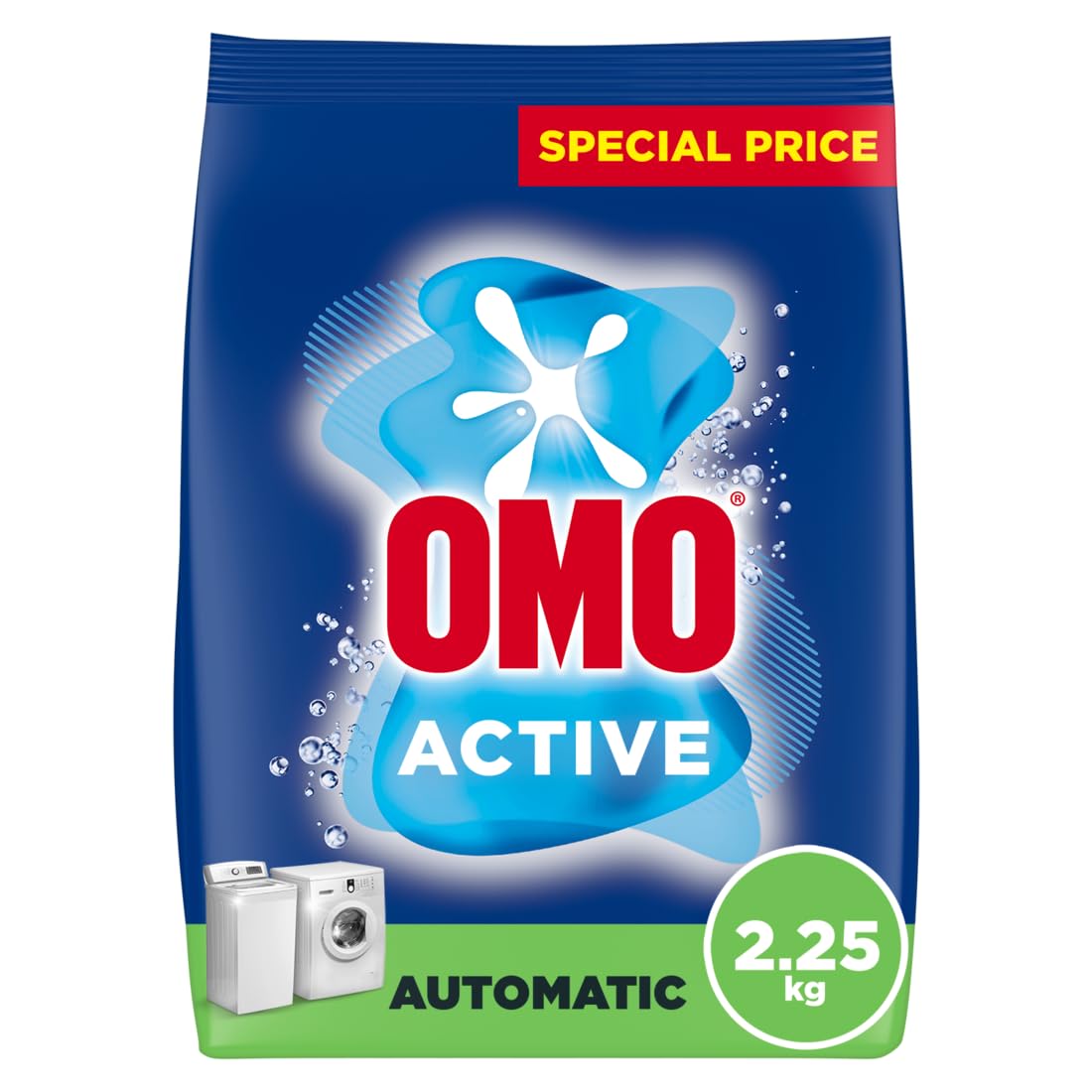 OMO Automatic Powder Laundry Detergent, Active, up to 100% stain removal in 1 wash*, 2.25 Kg , Packaging may vary