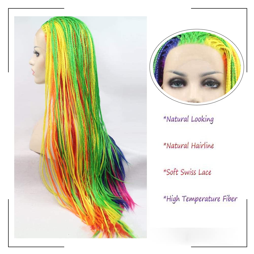 Kalisa Rainbow Box Braided Wig Handmade Lace Front Braided Wig Pre Plucked Colorful Micro Knotless Braid Wig Synthetic Braiding Hair Wigs for Women Party Drag Queen 26 Inch