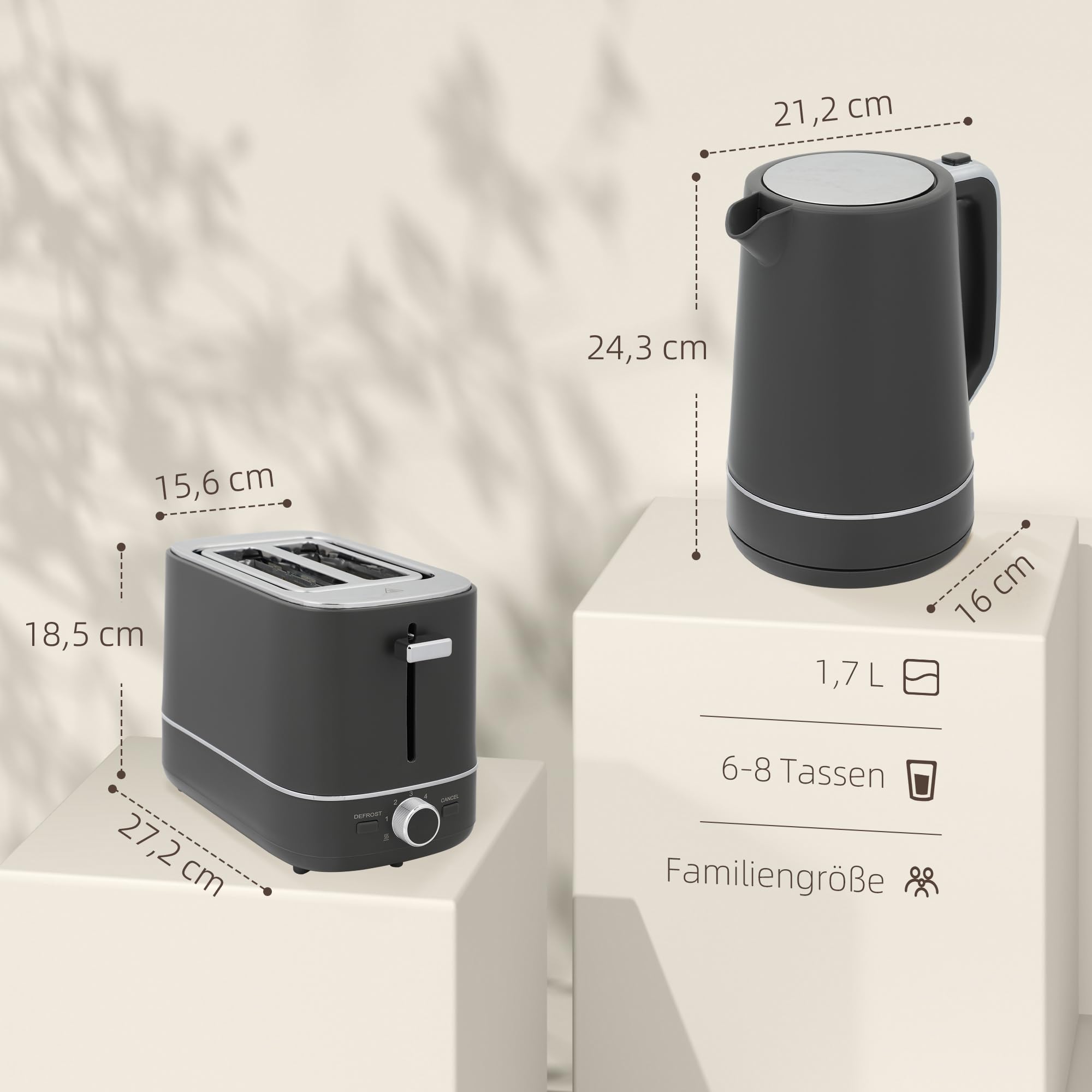 HOMCOM Set di tostapane per bollitore elettrico, 2200 W, 1,7 l, 2 fette, 6 livelli di doratura, riscaldamento e scongelamento, set per la colazione con filtro anticalcare e scomparto per briciole