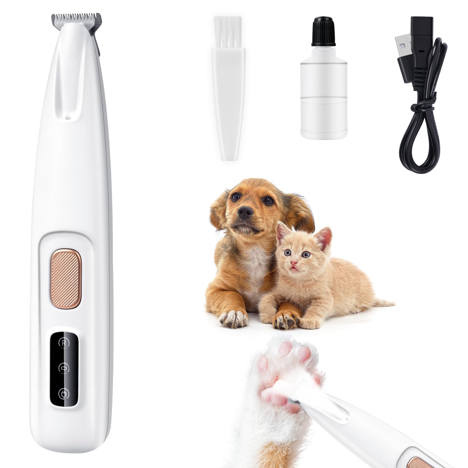 Tondeuse pour Pattes Chien Silencieuse, Tondeuse pour Chien et Chat, Lames Céramique et Inox, LED Intégrée, Rechargeable USB, Étanche, Toilettage Zones Sensibles pour Pattes, Yeux, Oreilles
