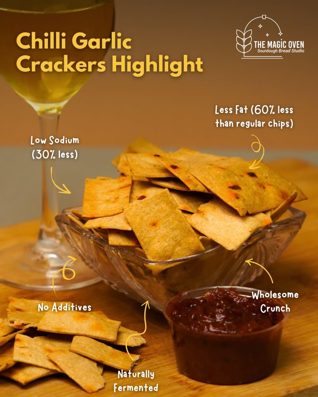 TMO Sourdough Chilli Garlic Crackers 150g | Baked Not Fried | Crispy & Spicy Healthy Snacks | Low Maida Diet Snack | Nutritious Crackers for Tea Time, Office & Daily Munching 1