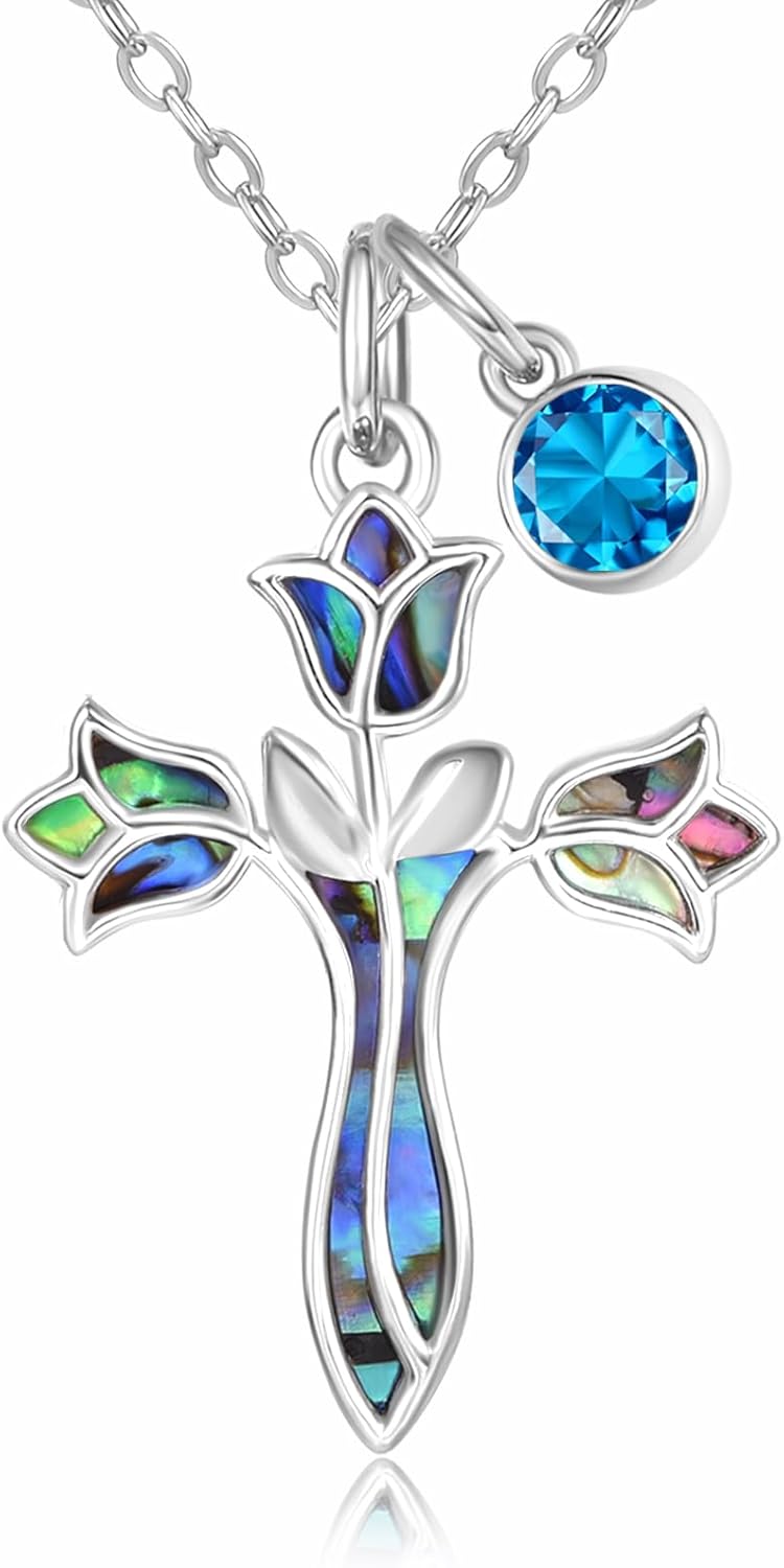 Sterling Silver Tulip Cross Necklace for Women Cross Pendant Religious Jewelry Anniversary Christian Birthstone Gifts for Wife Her Mom