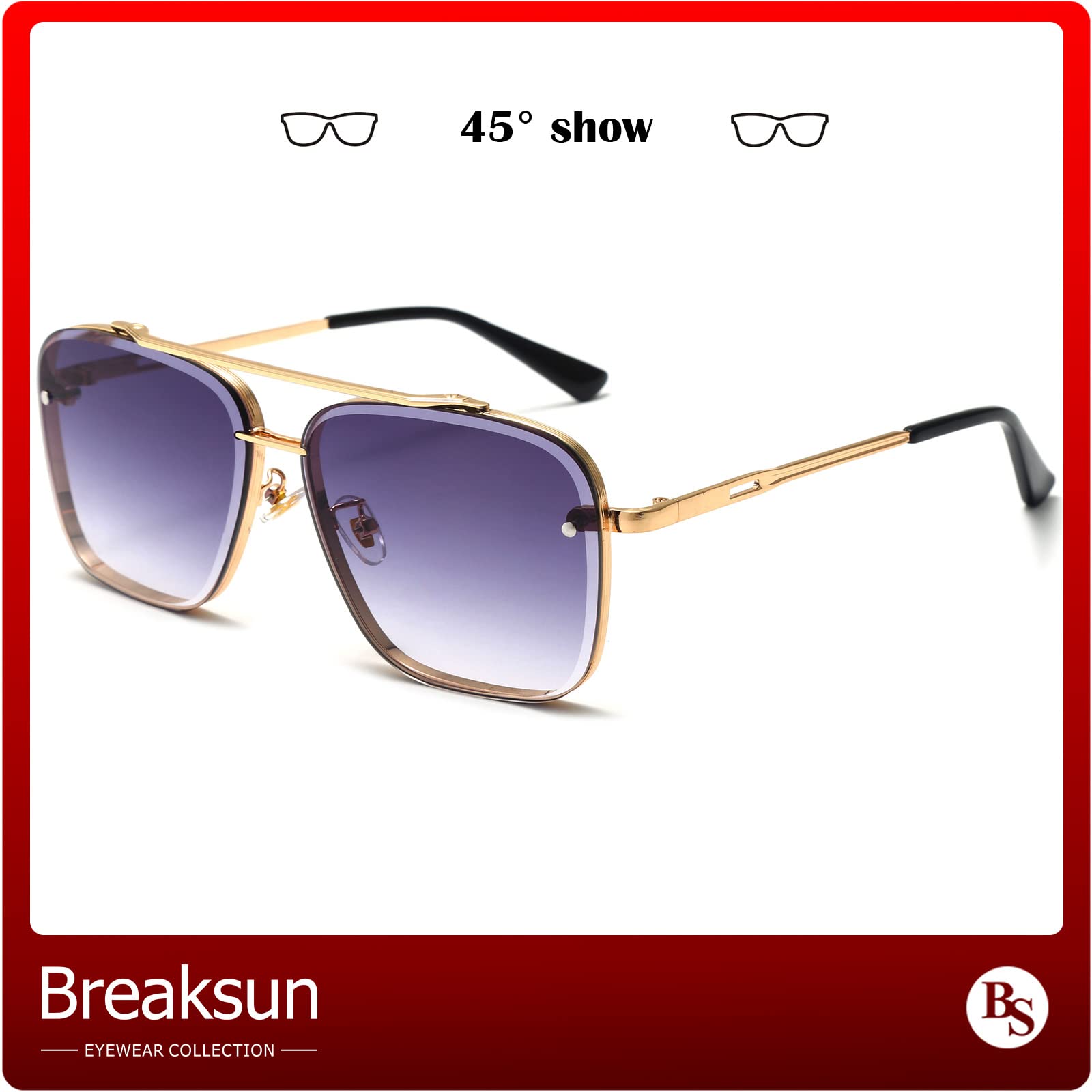 Breaksun Übergroße quadratische Piloten-Sonnenbrille für Damen und Herren, Metallrahmen, getönte Gläser