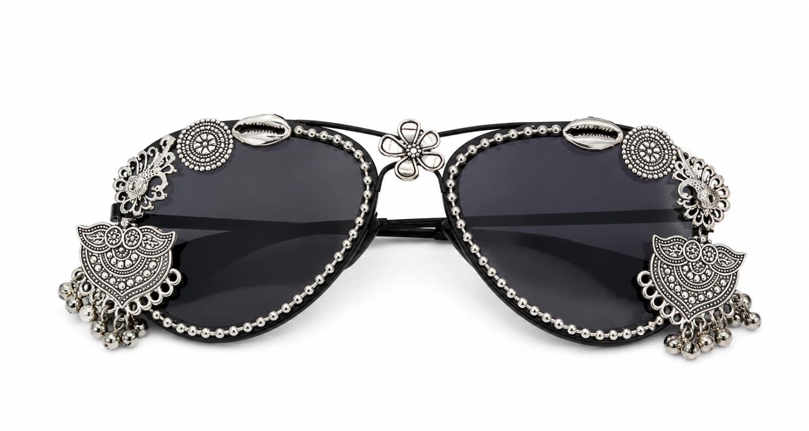 Navratri Black Aviator Sunglasses with Silver Oxidised Charms-picture-36