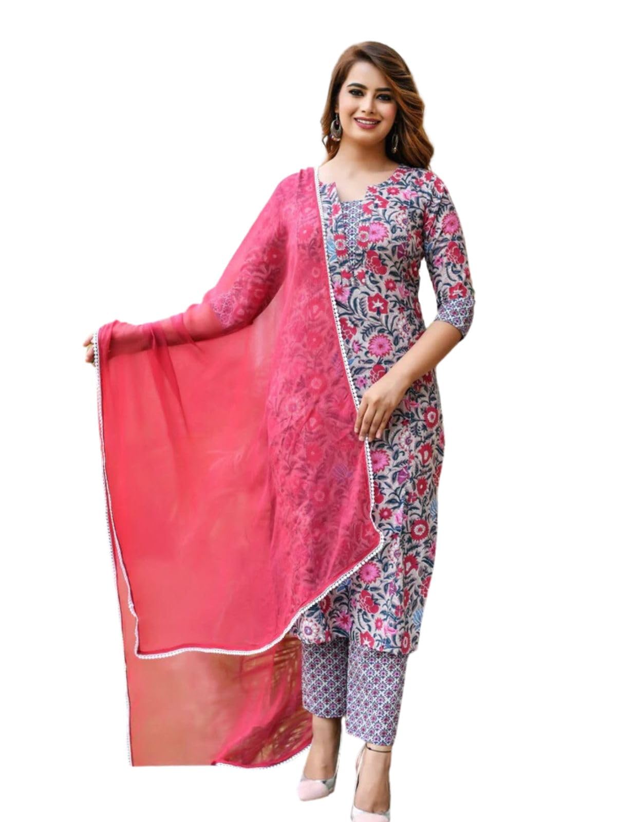 GRECIILOOKS Women's Cotton Blend Kurta Set with Dupatta | Kurti Set for Women | Festive Kurta Set for Women | Regular Fit Kurta