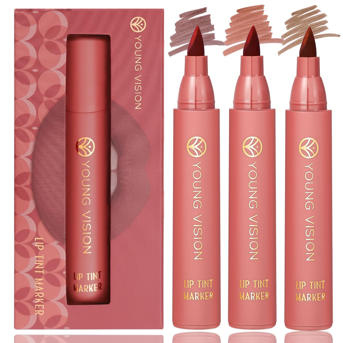 YOUNG VISION Lip Tint Marker 3 PCS Set, Lightweight Lip Stain, Liquid lipstick with Nude Matte Shades, Lip Liner and Stick 2-in-1, Long Wearing and Waterproof, SET B