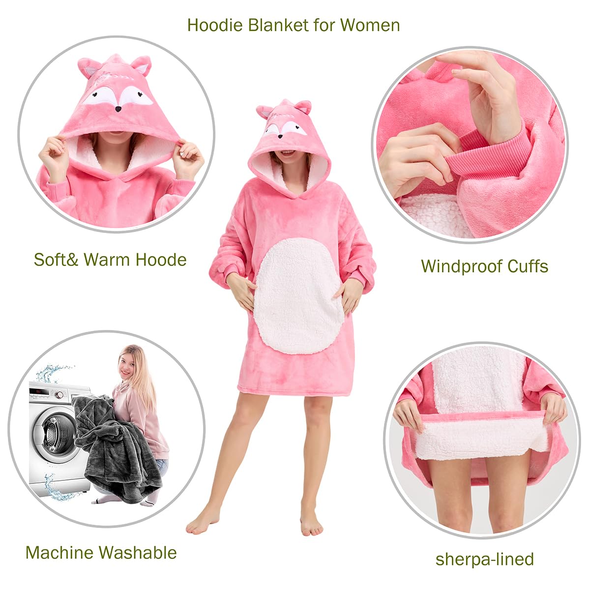 Zwierzęcy przenośny koc z kapturem, duży oversized Sherpa wygodny Snuggie dla dorosłych kobiet, Czerwony lis, jeden rozmiar