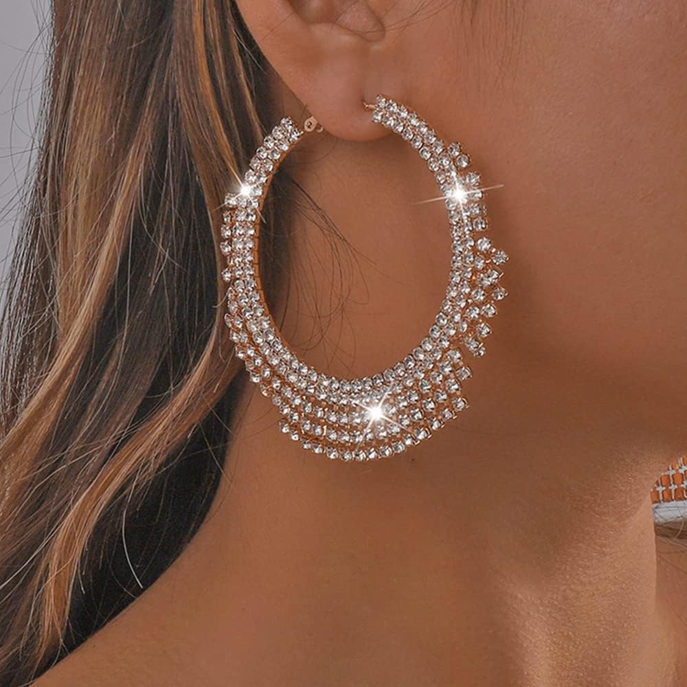 Jumwrit Large Rhinestone Hoop Earrings Big Round Circle