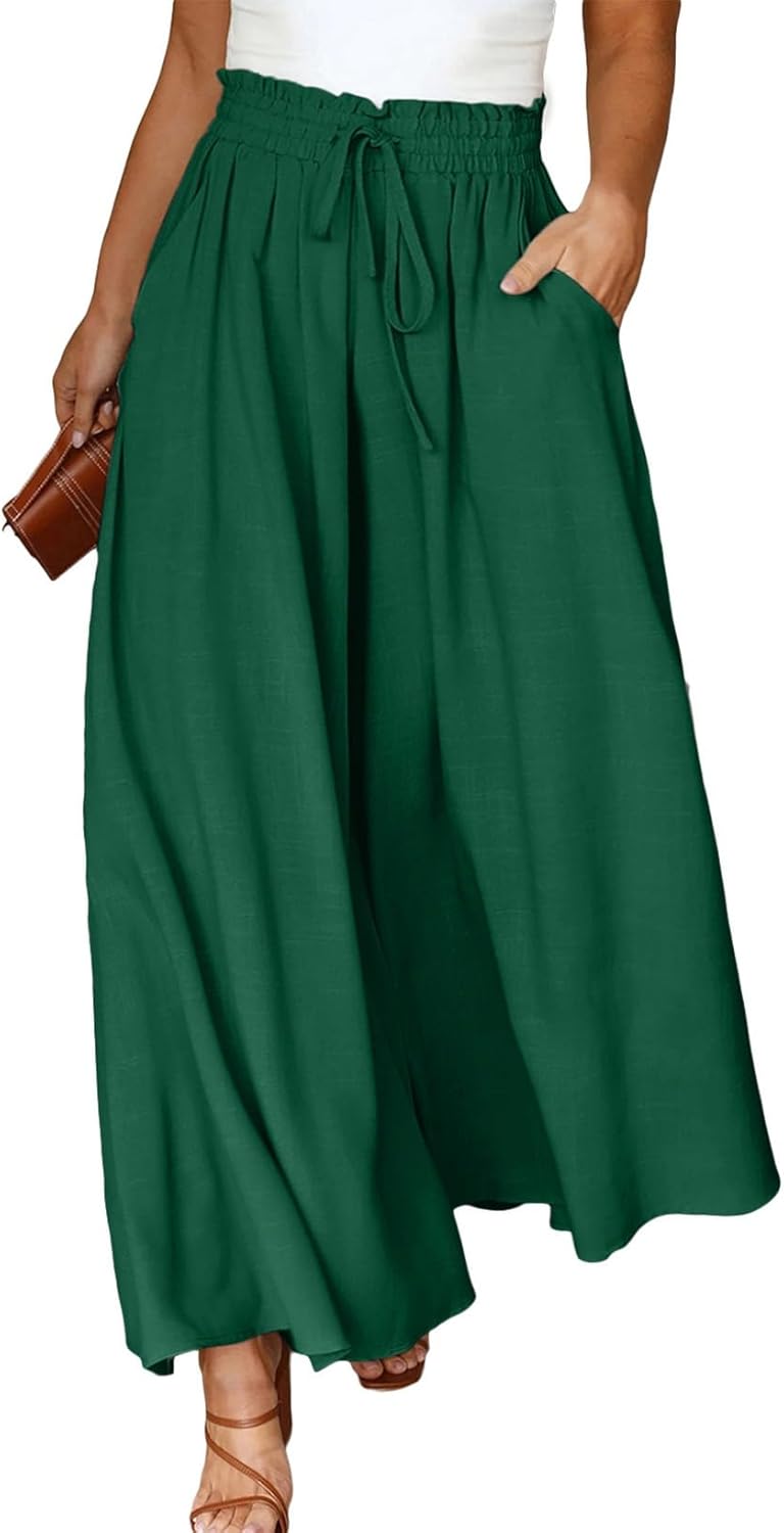 Eytino Plus Size Pants for Women Casual Drawstring Elastic Waist Wide Leg Pants Beach Trousers with Pockets,2X Blackish Green