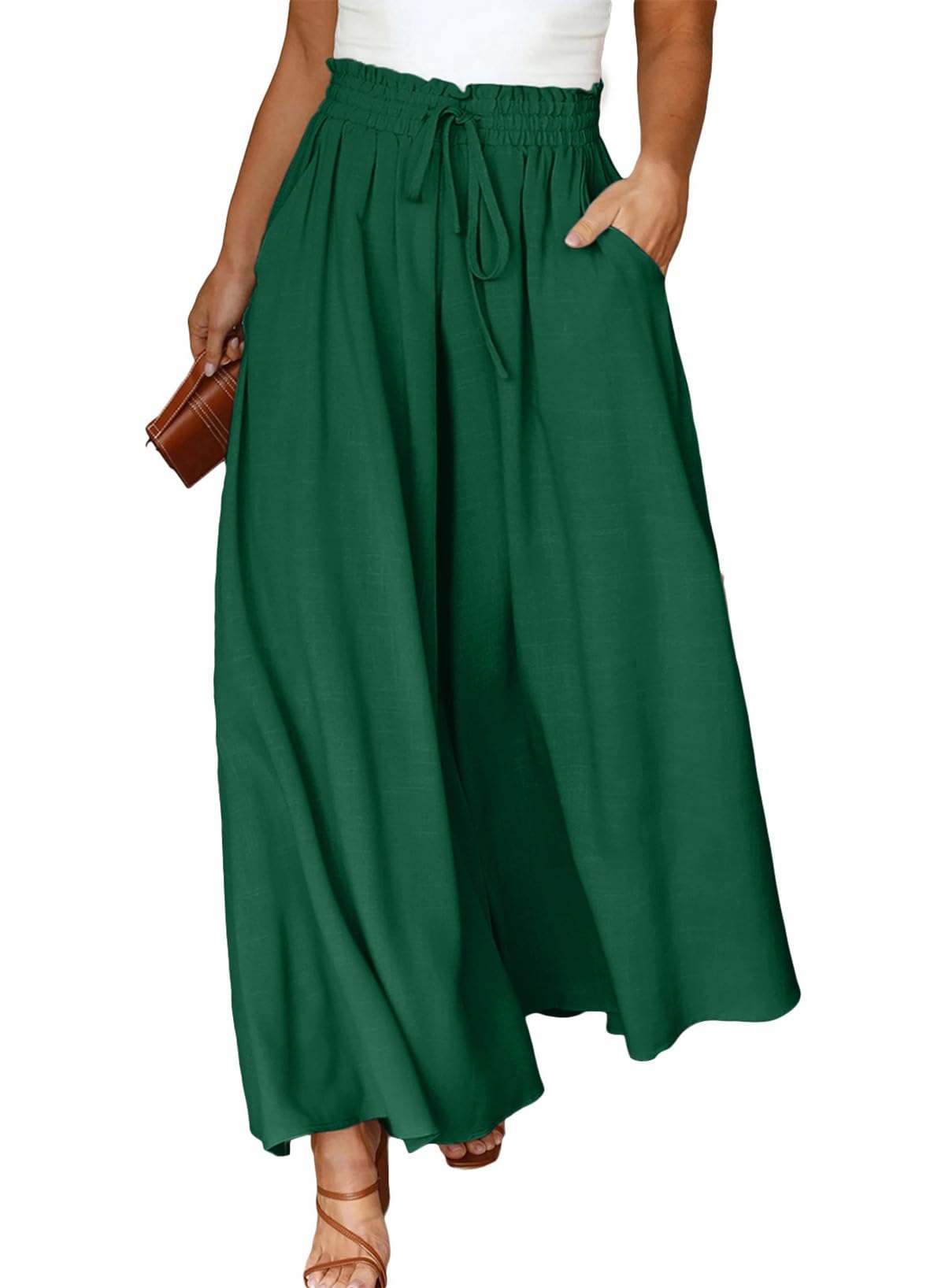 Eytino Plus Size Pants for Women Casual Drawstring Elastic Waist Wide Leg Pants Beach Trousers with Pockets 2X