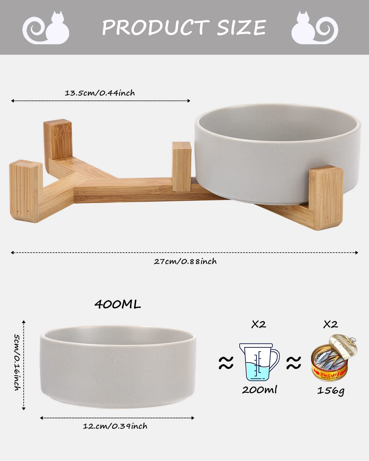 JOFLVA Ciotole Per Cani Ceramica,2 Pacchi 400ML Ciotole Per Gatti Con Base e Pad Antiscivolo Ciotola per Acqua e Cibo Adatto a cani di media e Piccola Taglia（grigio）