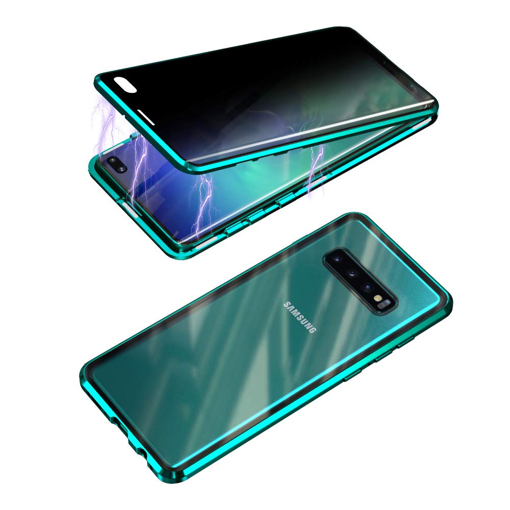 Galaxy S10 Plus Case,Shinetop Privacy Anti-Peeping Magnetic Adsorption Case Metal Frame Front and Back Tempered Glass Flip Anti-Spy Cover Full Body Protective Case for Samsung Galaxy S10 Plus - Green