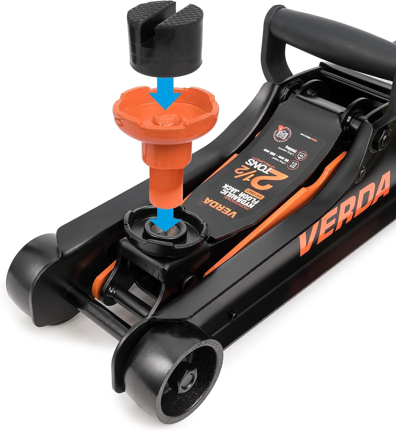 Verda Gato hidráulico 2,5T 85-365 mm, 3 almohadillas de goma, maletín, guantes de montaje, gato hidráulico, cambio de neumáticos, coches, todoterrenos, autocaravanas, etc
