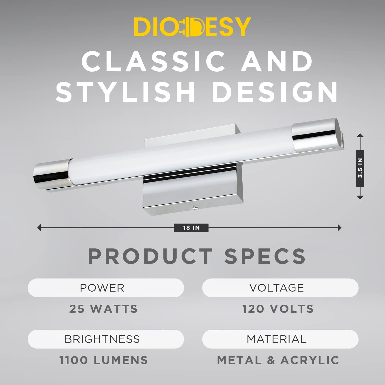Diodesy- 18-Inch Modern Bathroom Vanity Linear LED Bar Light Fixture Chrome Finish 20W 1100 Lumens 3000K Soft White Dimmable ETL Listed- Wall Sconce Lights Over Mirror for Restroom Cabinet Mural