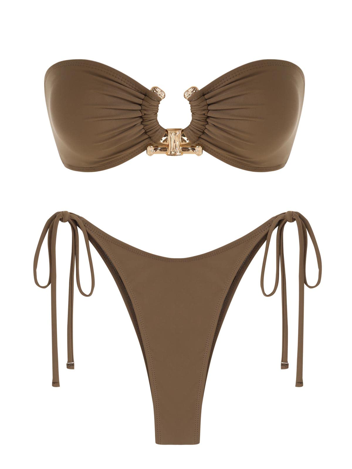 ZAFUL Bikini de dos piezas para mujer, con anillo tórico, sin tirantes, con cordones en la parte trasera, corte alto, traje de baño de dos piezas