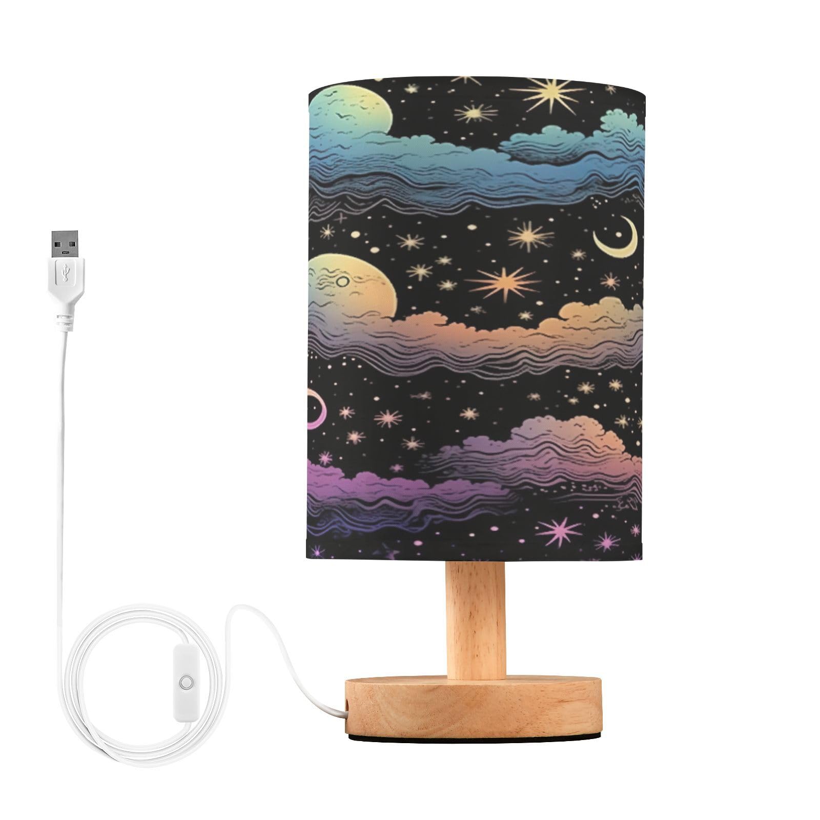 SDMKA Colorful Sky Moon Bedside Table Lamp for Bedroom, Minimalist Nightstand Lamp with Round Fabric Shade for Living Room, Office, No Bulb Required