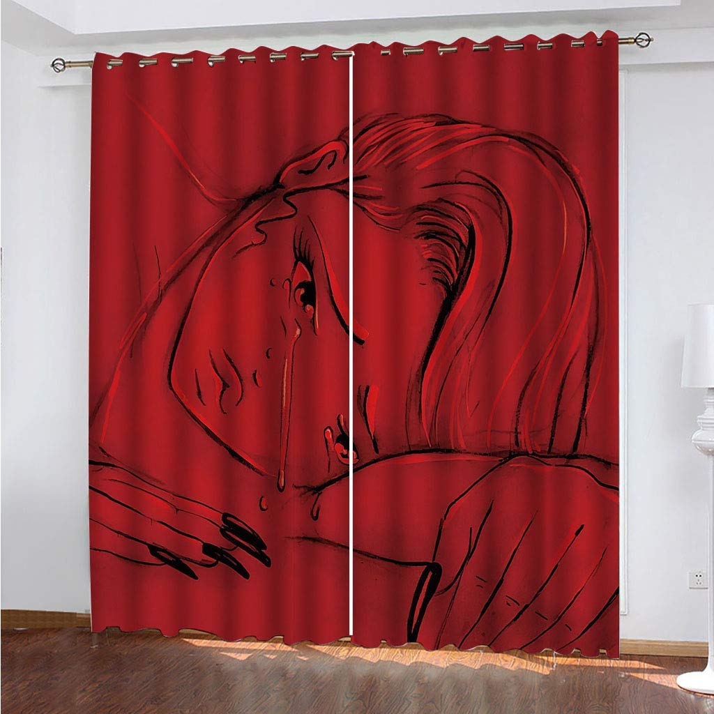 KGSK Cortinas Dormitorio Juvenil 160x200 Cm Térmicas Cortina Salon Dormitorio Moderno con Ojales 2 Paneles 3D Chica Llorando Roja Cortina Opaca Juvenil Sala Estar Niño, Cortinas Ventana Aislantes