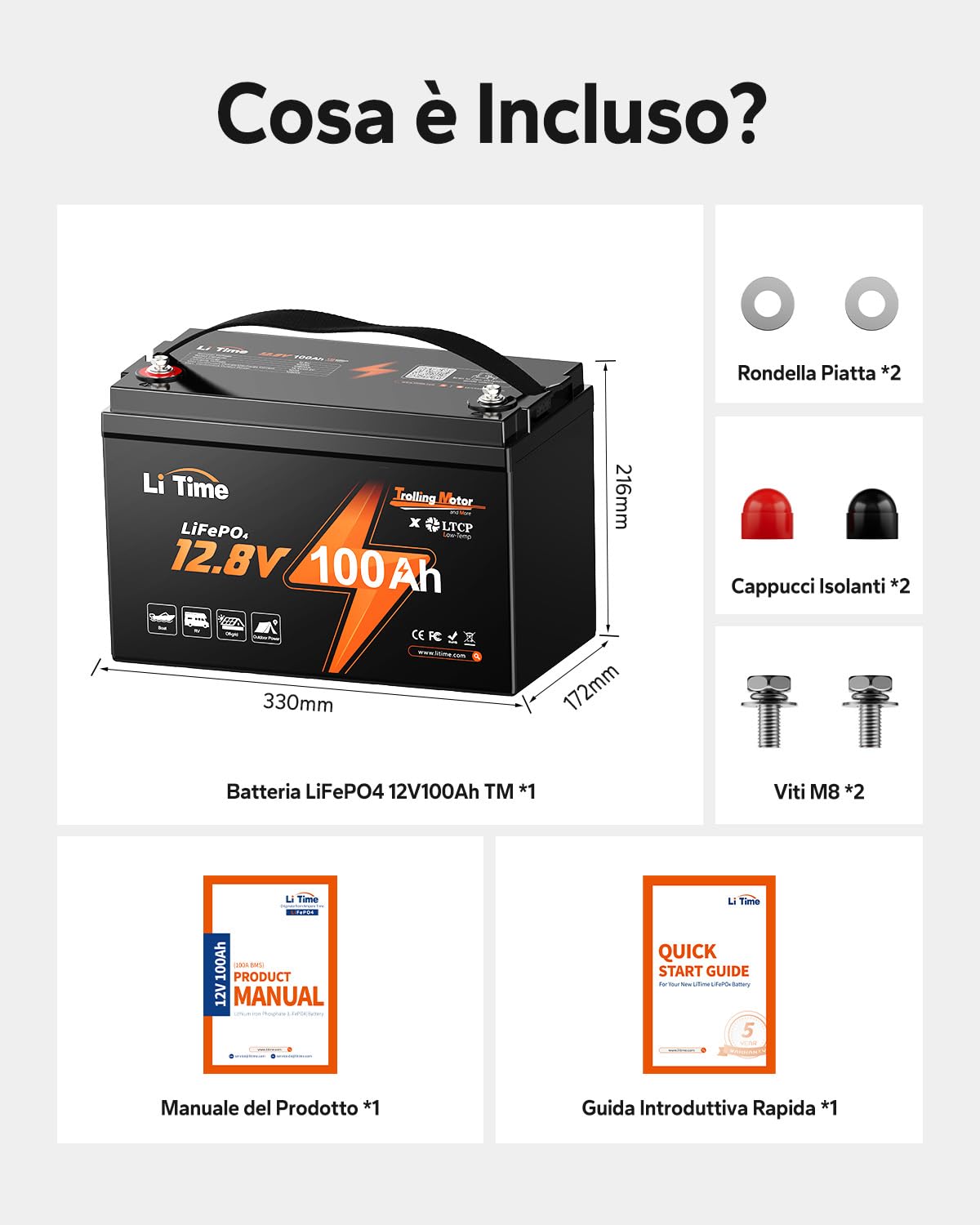 LiTime Batteria al Litio 12V 100Ah per Barche, Batteria LiFePO4 con Protezione Bassa Temperatura, 4000-15000 Cicli Profondi, Energia 1280Wh, Perfetta per Motori da Traina, Nautico, Yacht