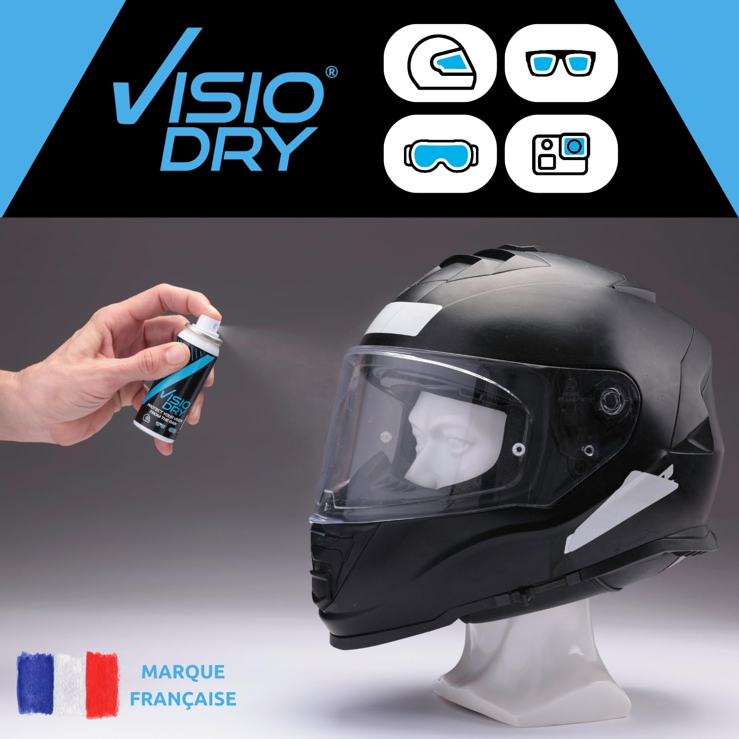Anti Pluie Casque Moto/Visiere Casque Moto | Spray Anti Pluie Moto Visiodry Superhydrophobe pour Offrir Une Vision Claire par Temps De Pluie | Aérosol 75ml | VDA107