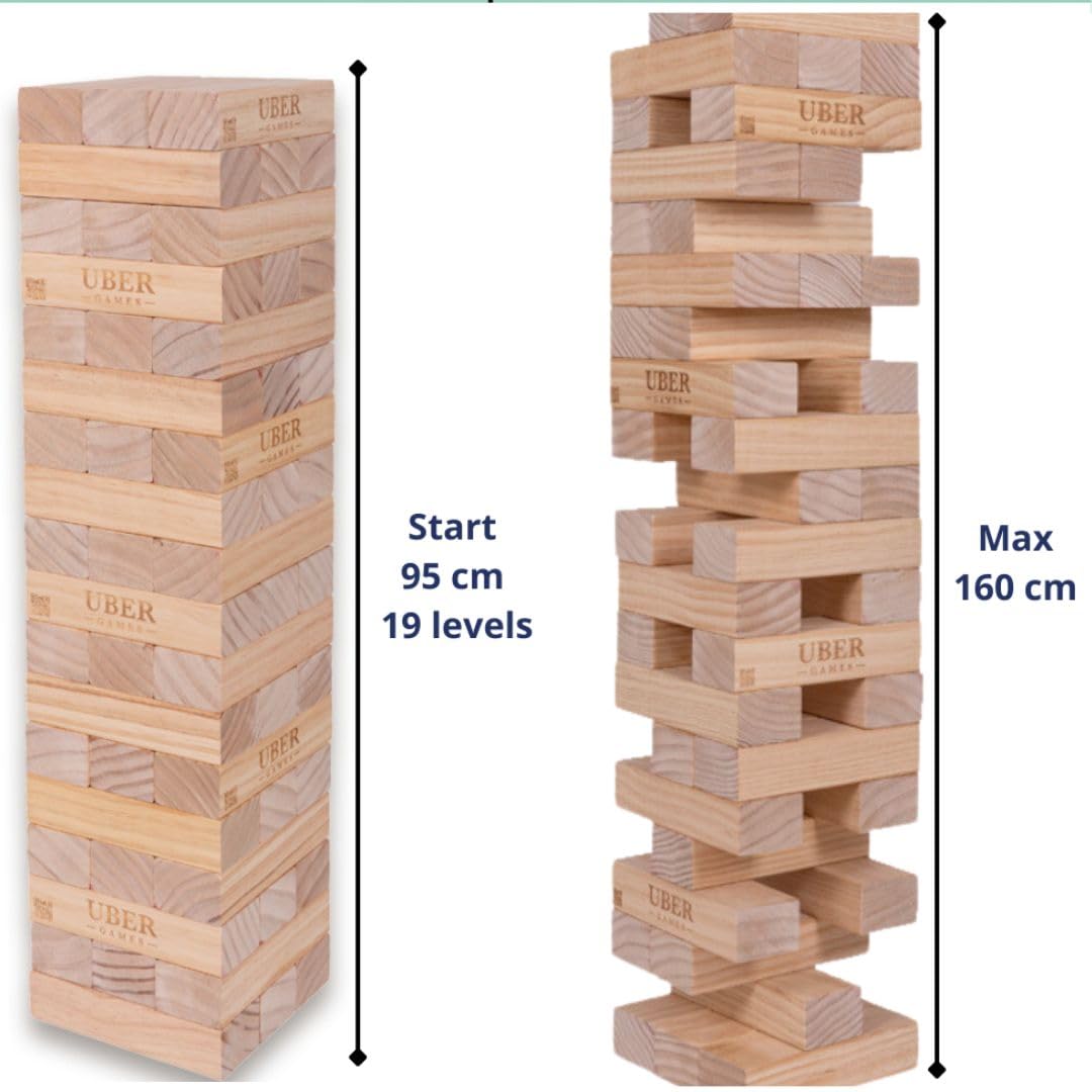Uber Games Riesenwackelturm XXL 160 cm Jumbo Stapelturm aus FSC-Kiefernholz 54 Holzblöcke Canvas-Tragetasche