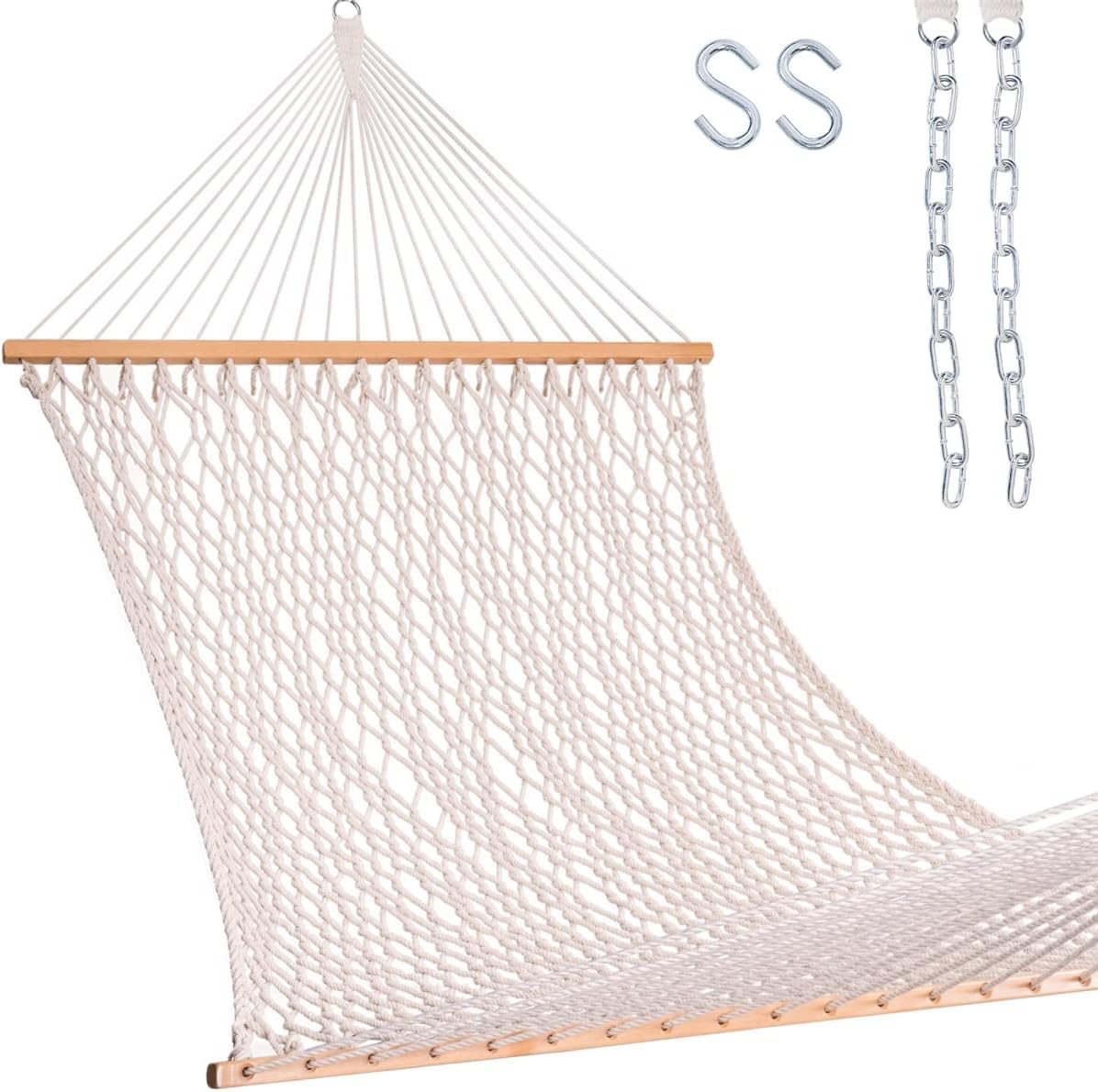 Lazy Daze Hammocks 12FT Double Rope Hammocks, 2 Person Hand Woven Cotton Hammock with Spreader Bar for Outdoor, Indoor, Patio, Poolside, FIT 13-15 Foot Stand, Max 450 Lbs, Natural, 141 x 57 inches
