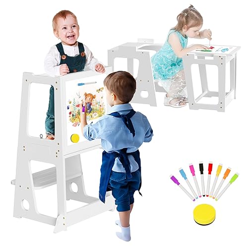 Miniatura 10 de Taburete 4 en 1 para niños pequeños, torre plegable de aprendizaje con pizarra blanca, mesa y silla convertible 2 en 1, riel de seguridad extraíble,