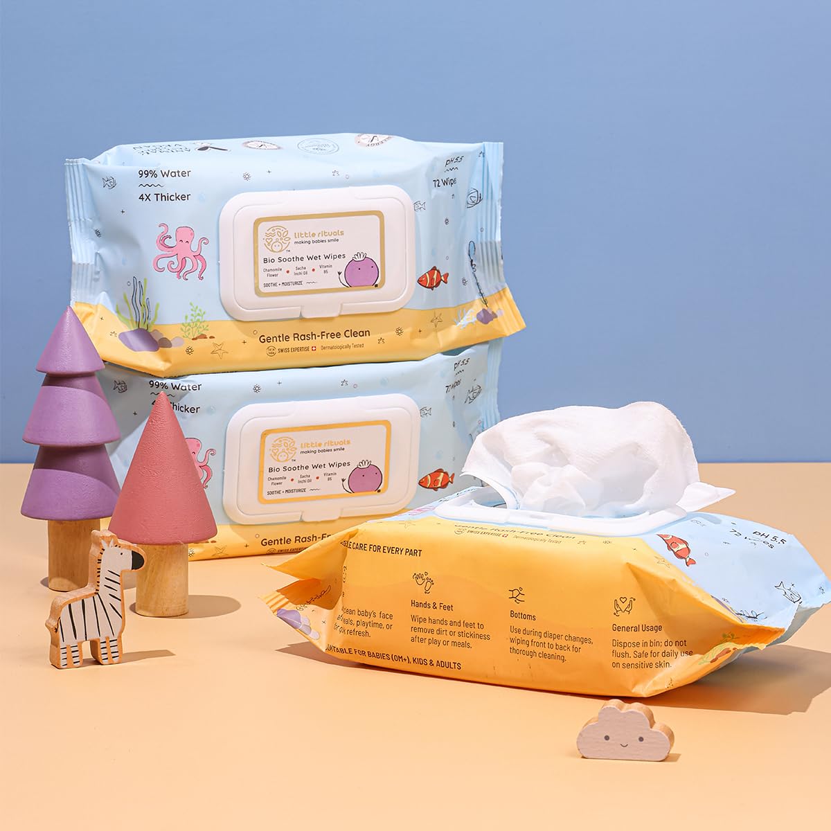 Little Rituals Baby Wipes | 99% Pure Water | 4x Thicker, Plant-Based Cloth, pH 5.5 | Enriched with Chamomile, Sacha Inchi Oil & Pro Vitamin B | Gentle, Moisturizing & Rash-Free | Dermatologically Tested | 72 Wipes/Pack (Pack of 1)-image-3